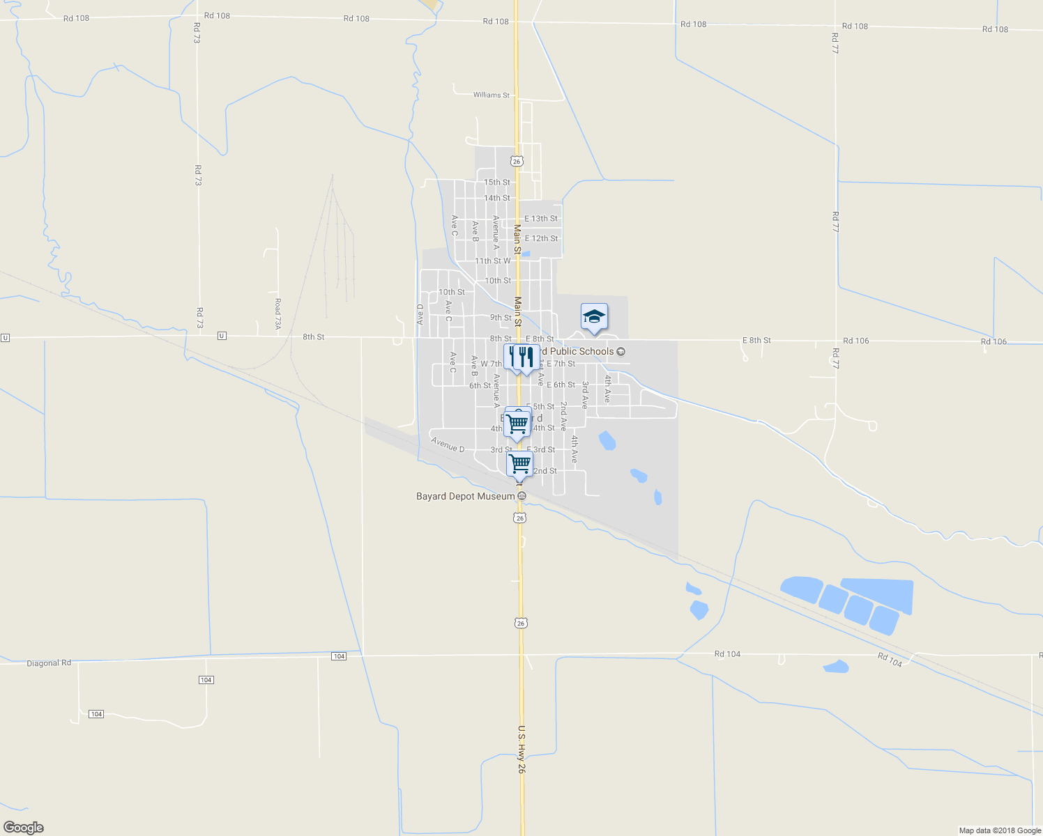 map of restaurants, bars, coffee shops, grocery stores, and more near in Bayard