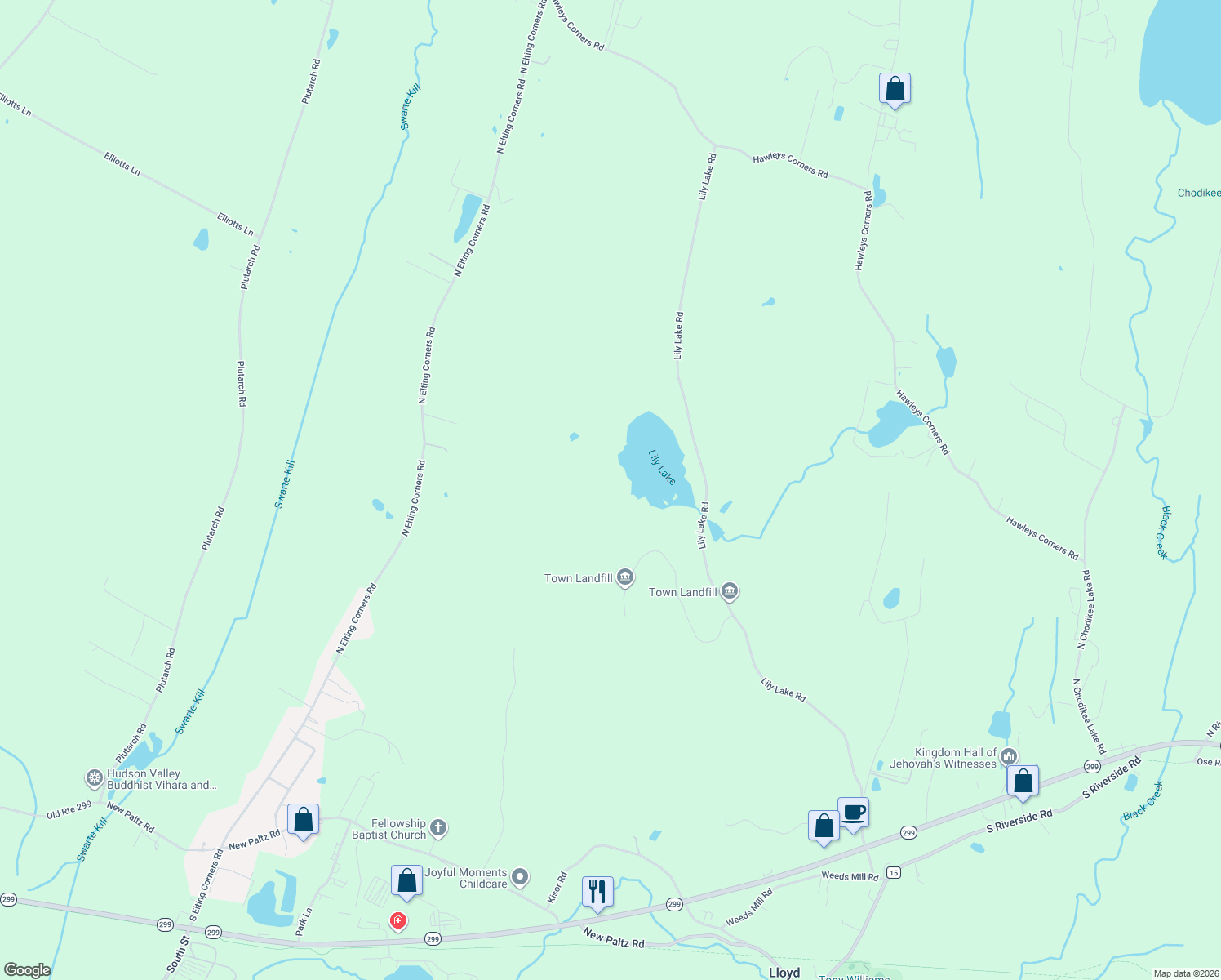map of restaurants, bars, coffee shops, grocery stores, and more near 138 Lily Lake Road in Highland