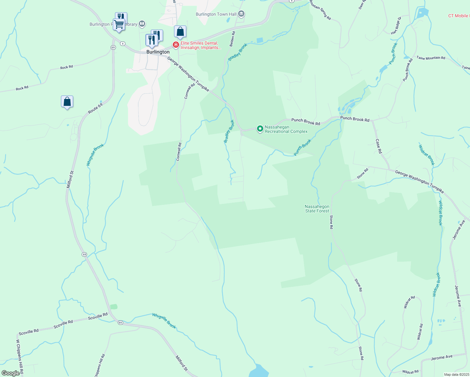 map of restaurants, bars, coffee shops, grocery stores, and more near 75 Miller Road in Burlington