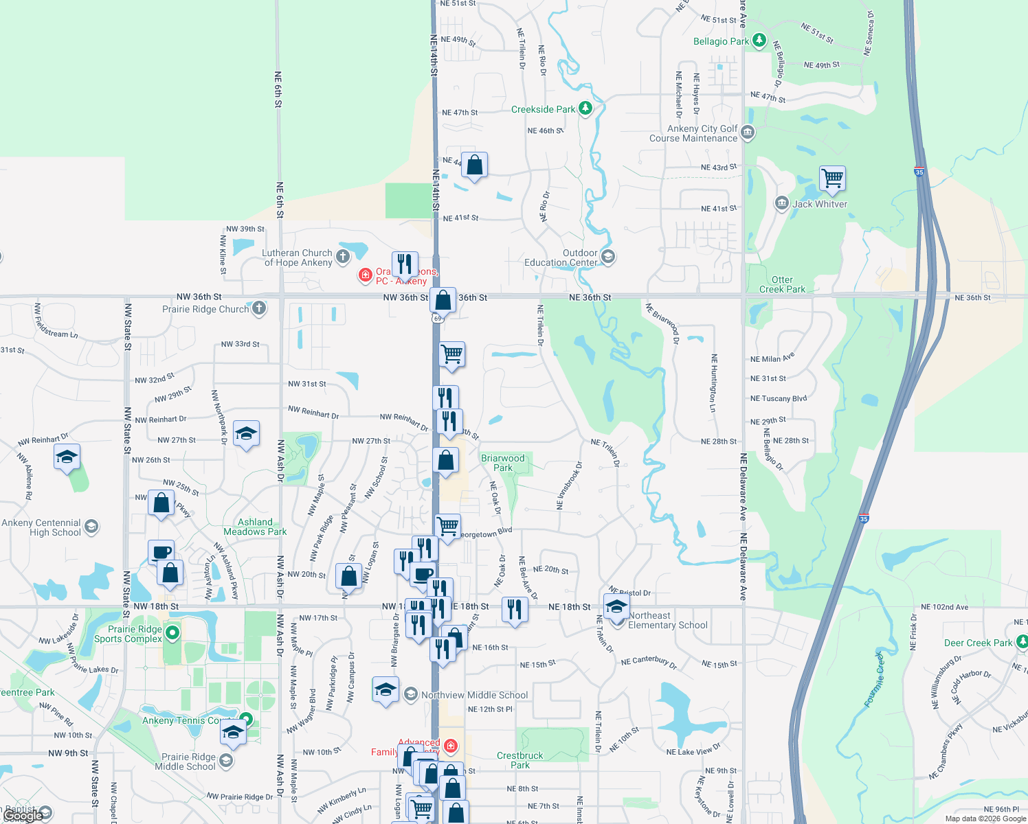 map of restaurants, bars, coffee shops, grocery stores, and more near 415 Northeast Pinehurst Circle in Ankeny