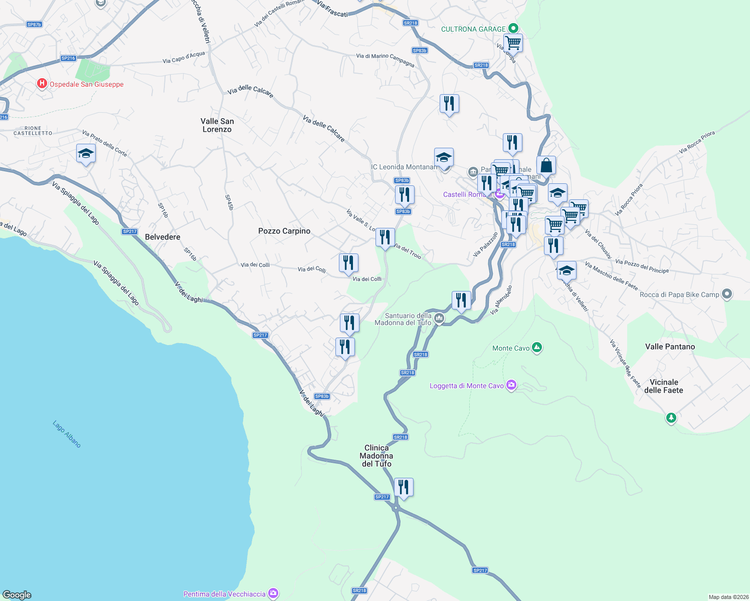 map of restaurants, bars, coffee shops, grocery stores, and more near 63 Via delle Barozze in Rocca di Papa