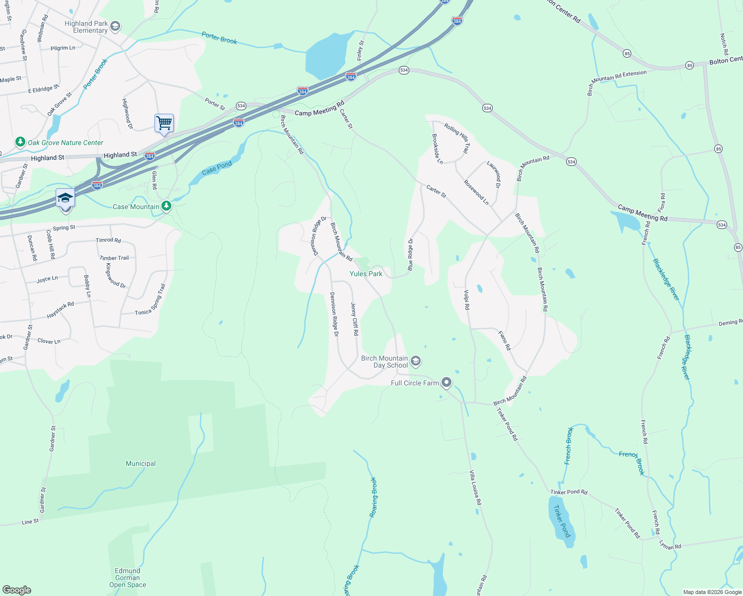 map of restaurants, bars, coffee shops, grocery stores, and more near 470 Birch Mountain Road in Manchester