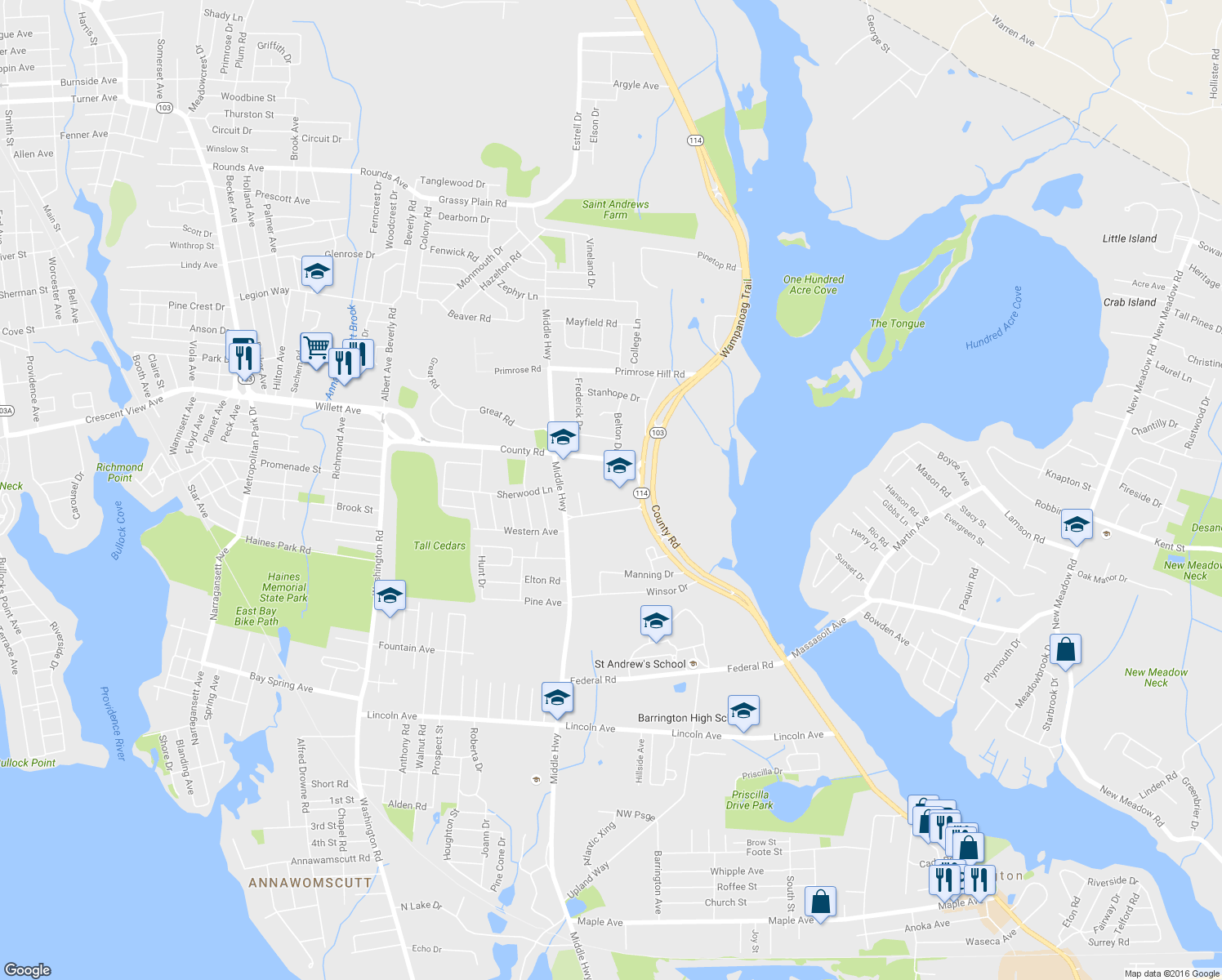 map of restaurants, bars, coffee shops, grocery stores, and more near 7 Old County Road in Barrington