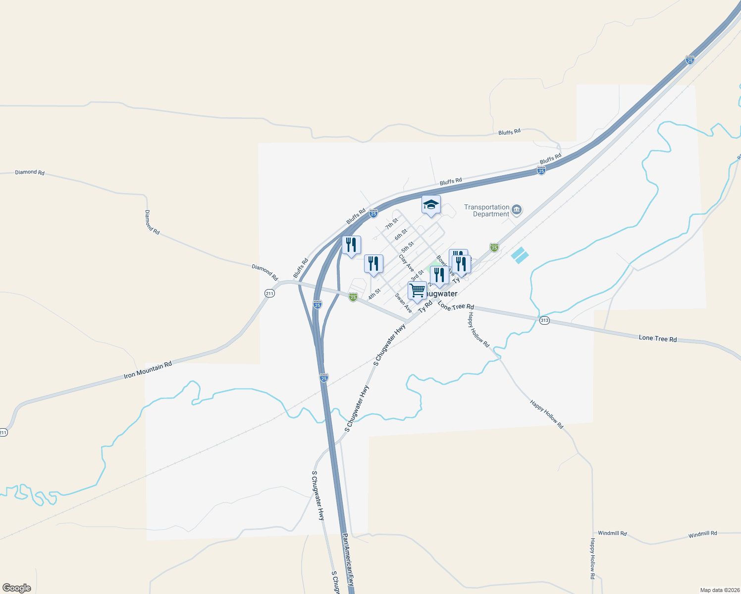 map of restaurants, bars, coffee shops, grocery stores, and more near 100 Buffalo Drive in Chugwater
