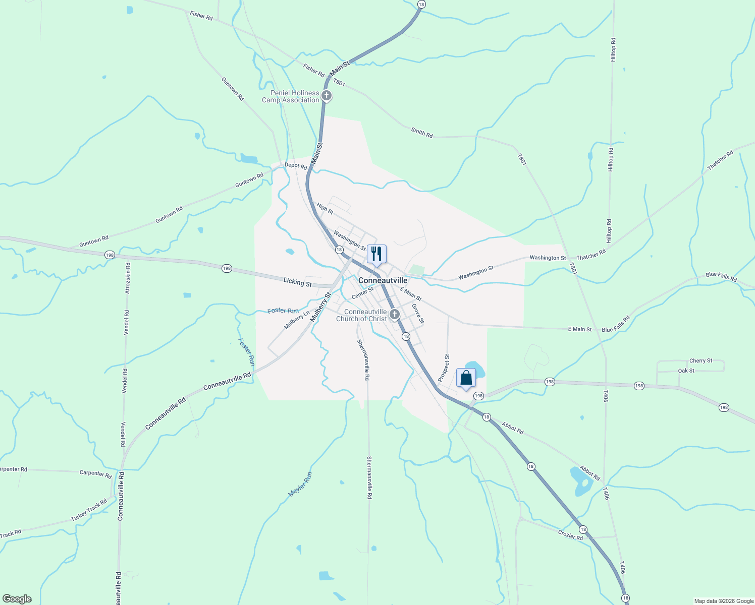 map of restaurants, bars, coffee shops, grocery stores, and more near Canal St in Conneautville