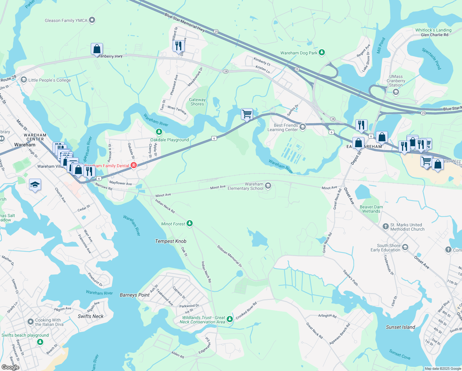 map of restaurants, bars, coffee shops, grocery stores, and more near 85 Minot Avenue in Wareham