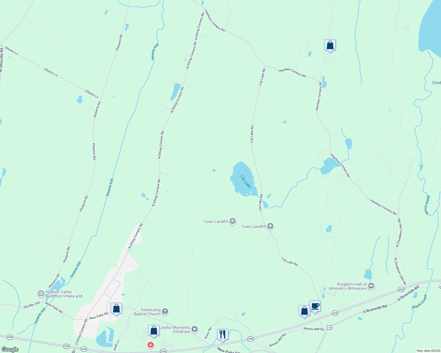 map of restaurants, bars, coffee shops, grocery stores, and more near 138 Lily Lake Road in Highland