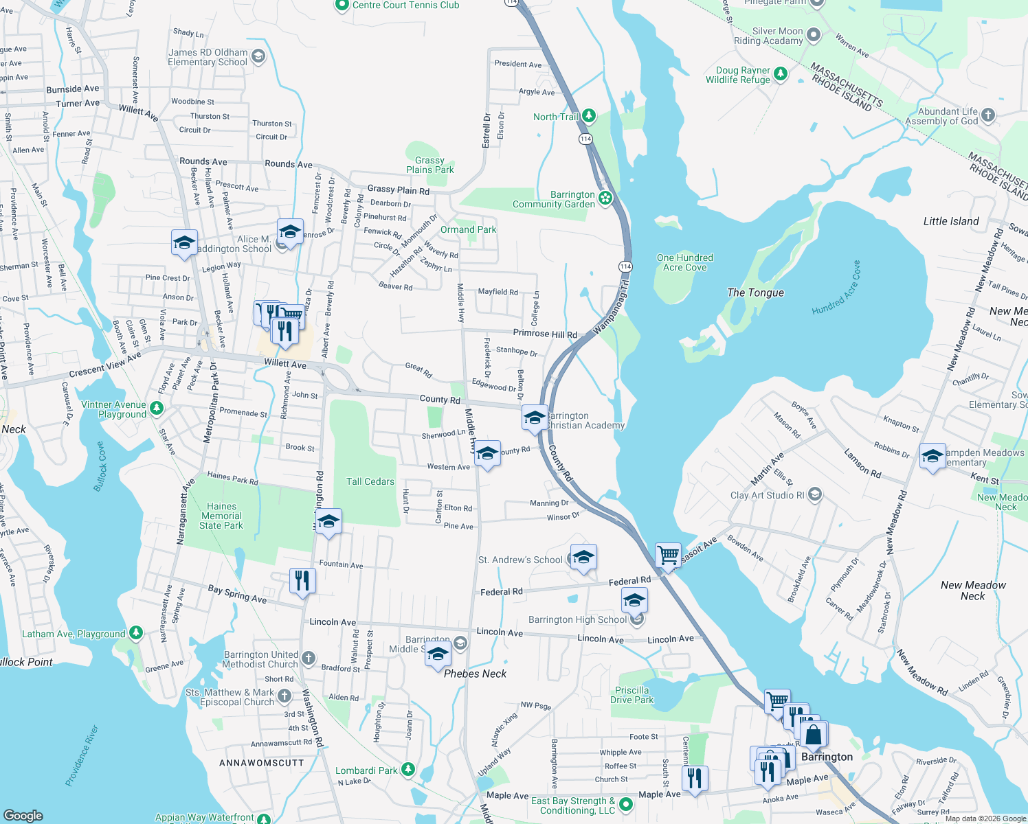 map of restaurants, bars, coffee shops, grocery stores, and more near 616 County Road in Barrington