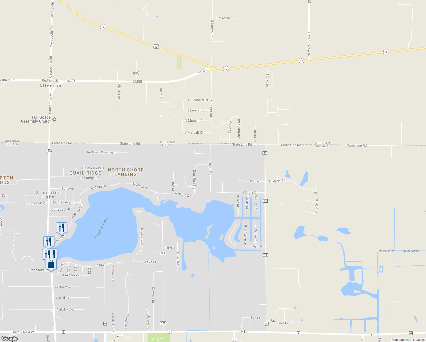 map of restaurants, bars, coffee shops, grocery stores, and more near 50748 Dolph Road in Elkhart
