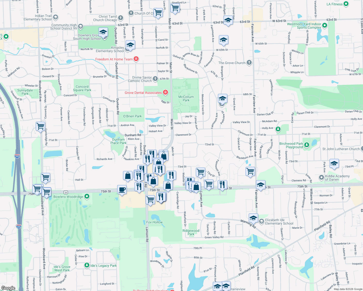 map of restaurants, bars, coffee shops, grocery stores, and more near 7200 Webster St in Downers Grove