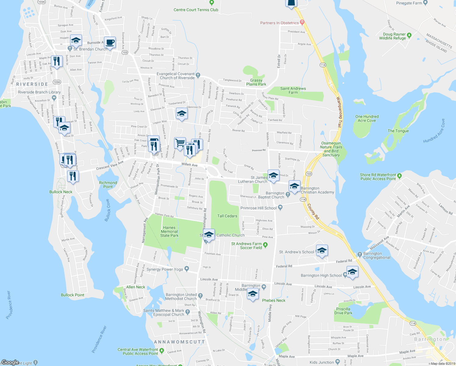 map of restaurants, bars, coffee shops, grocery stores, and more near 15 Rosedale Ave in Barrington