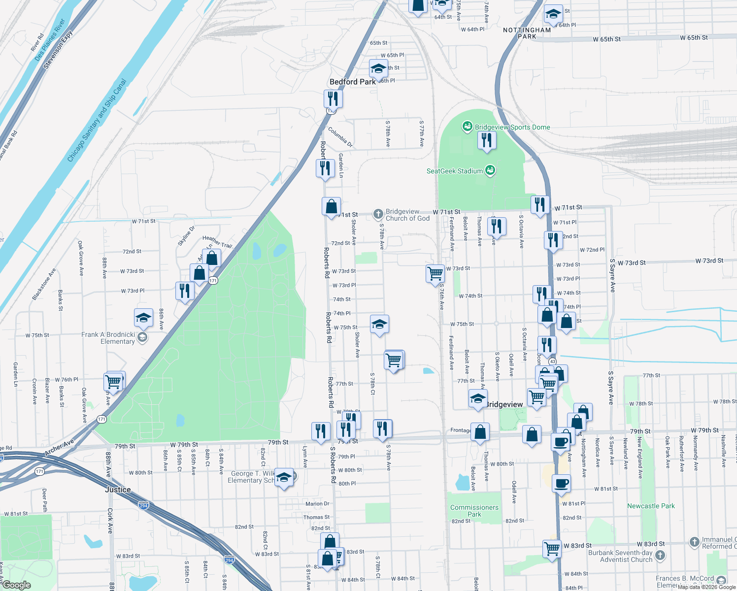 map of restaurants, bars, coffee shops, grocery stores, and more near 7830 74th Street in Bridgeview