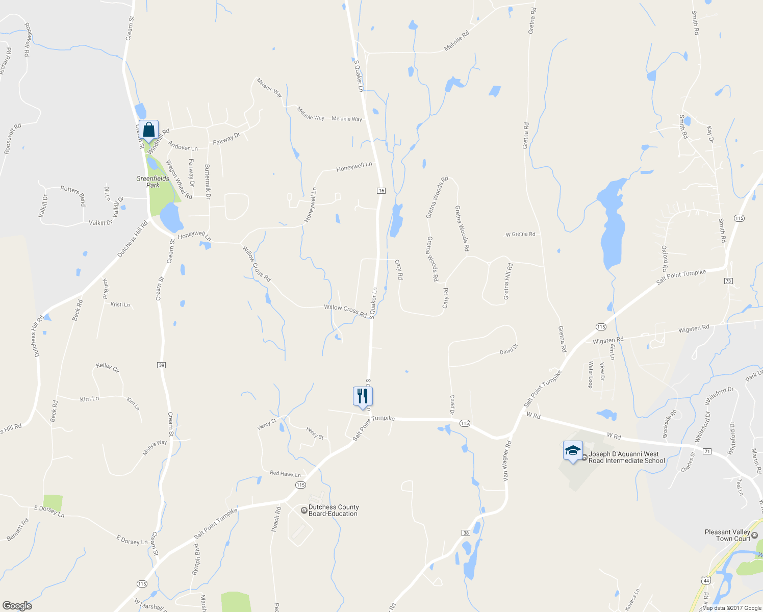 map of restaurants, bars, coffee shops, grocery stores, and more near 40 South Quaker Lane in Hyde Park