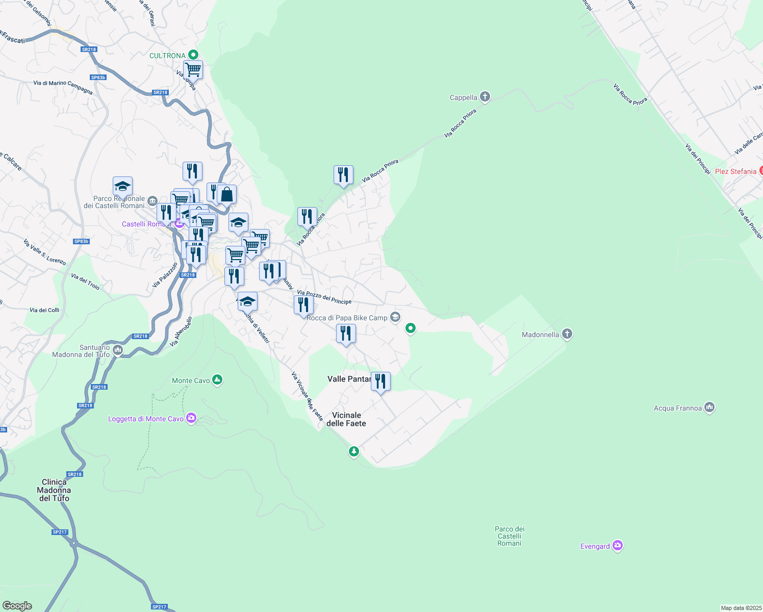 map of restaurants, bars, coffee shops, grocery stores, and more near 88 Via Pozzo del Principe in Rocca di Papa