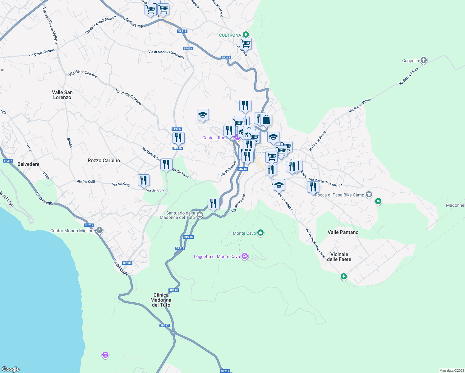 map of restaurants, bars, coffee shops, grocery stores, and more near 133 Via Roma in Rocca di Papa