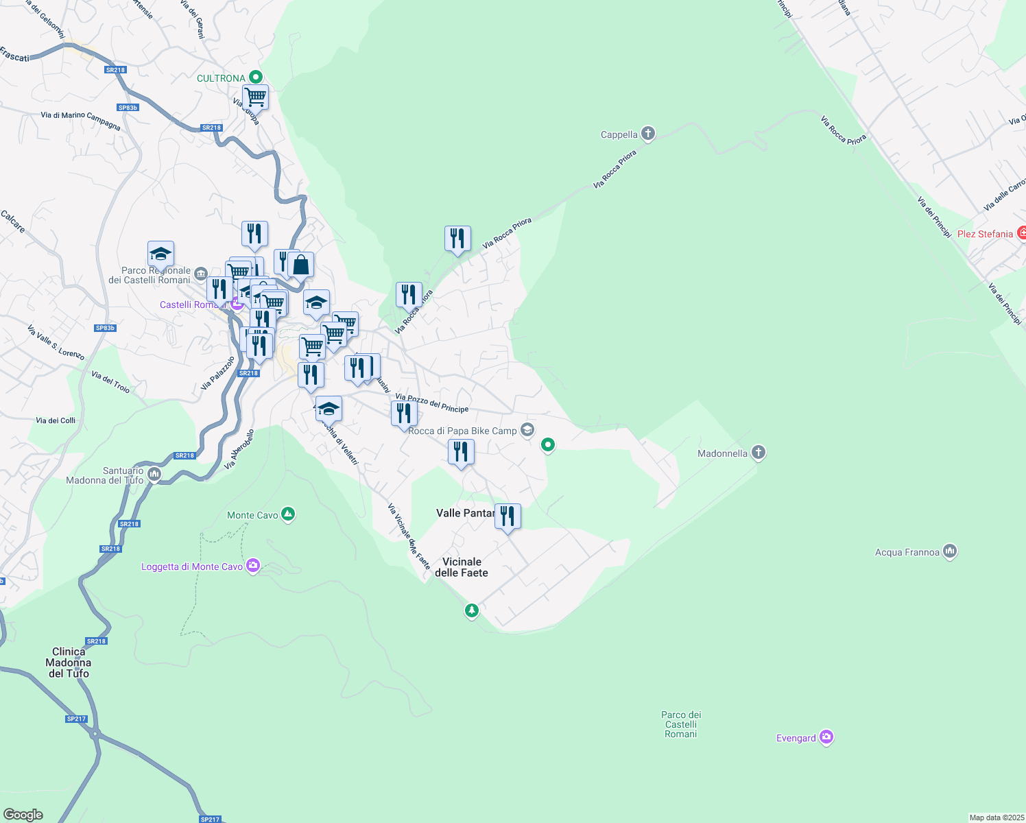 map of restaurants, bars, coffee shops, grocery stores, and more near 88 Via Pozzo del Principe in Rocca di Papa