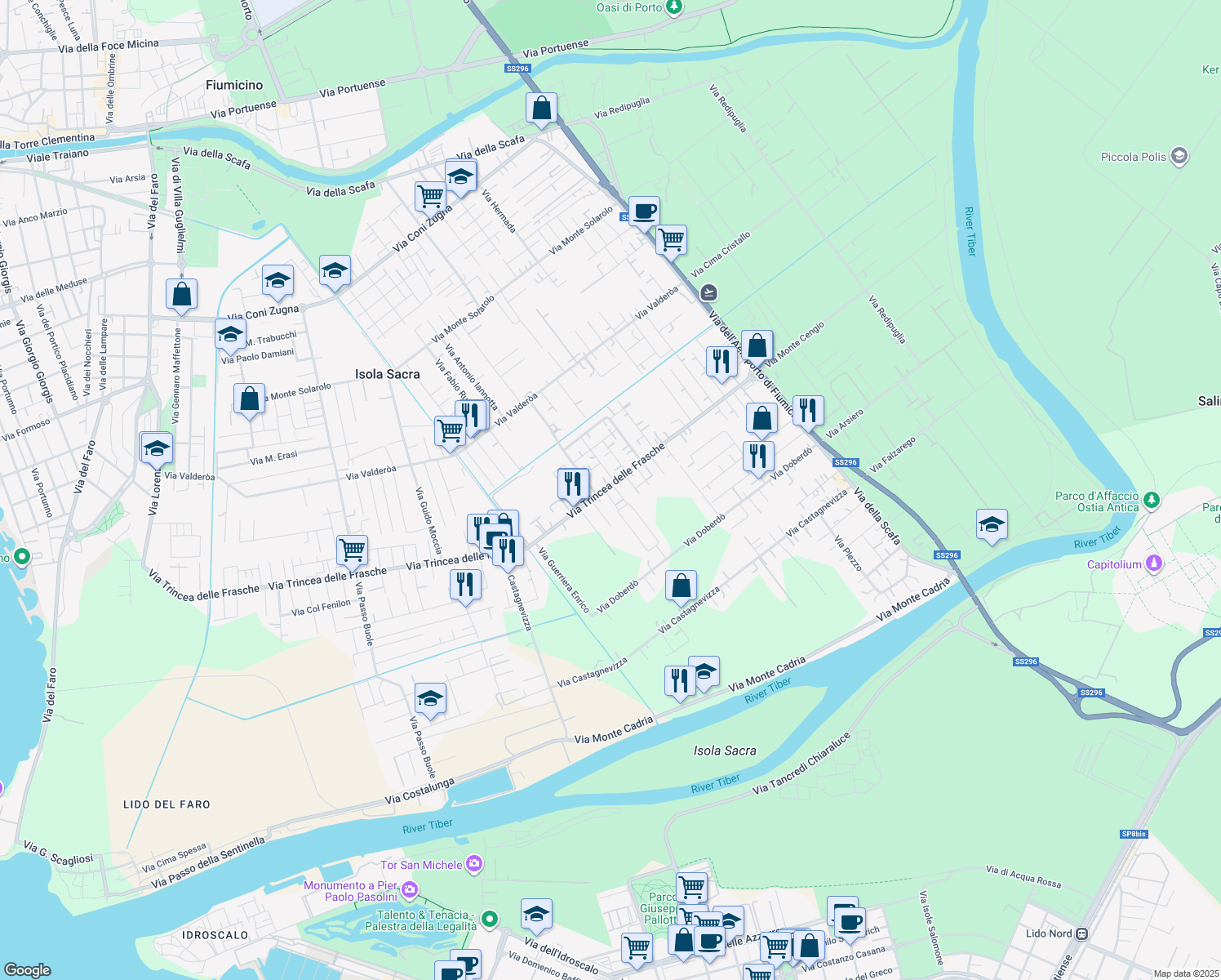 map of restaurants, bars, coffee shops, grocery stores, and more near 87 Via Trincea delle Frasche in Isola Sacra