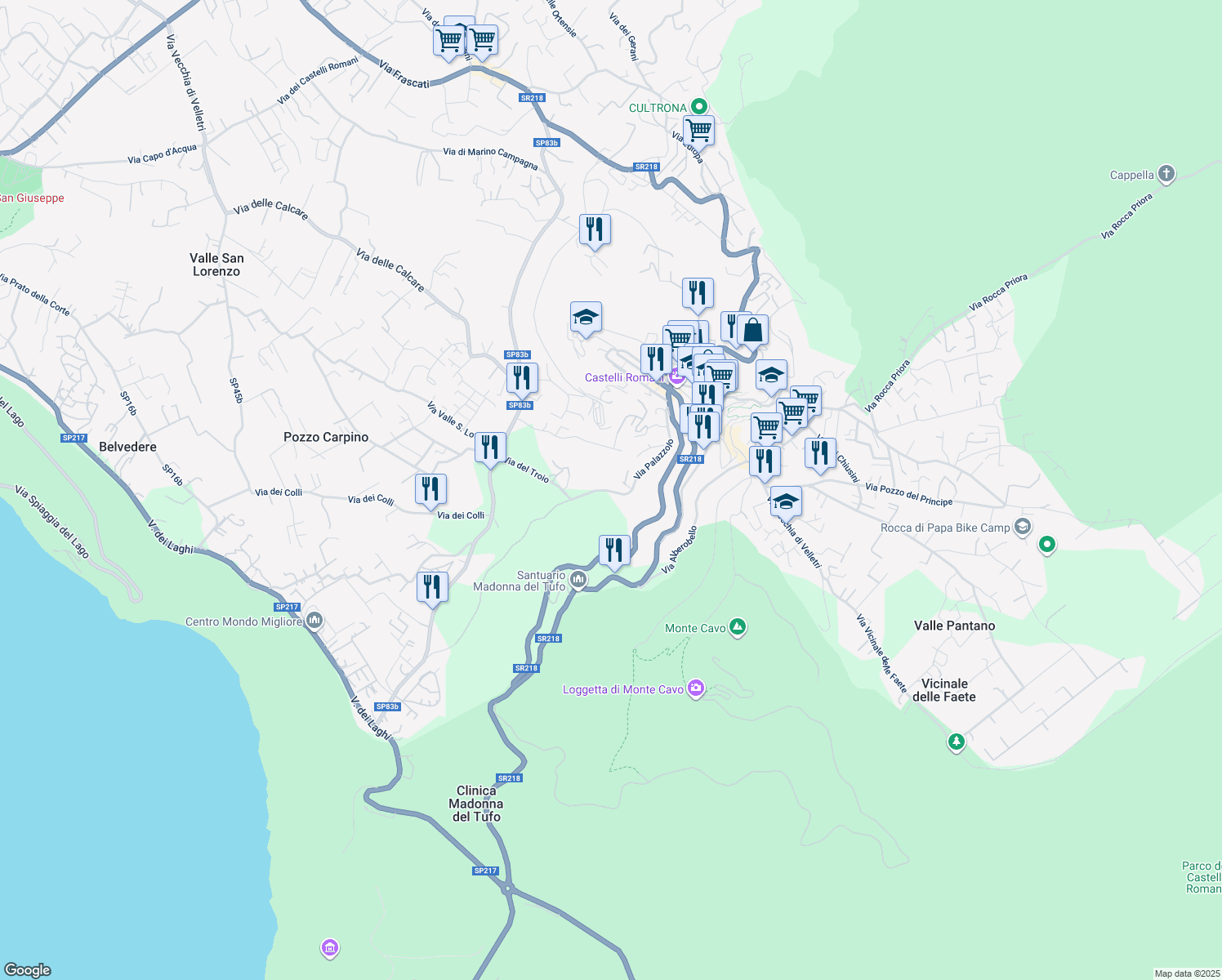 map of restaurants, bars, coffee shops, grocery stores, and more near 92 Via Roma in Rocca di Papa