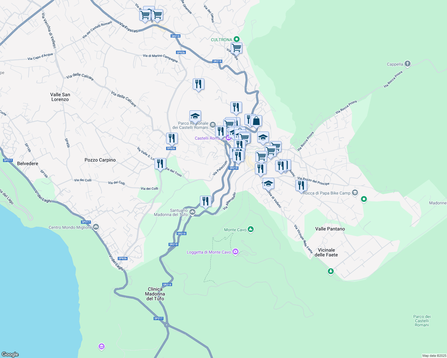 map of restaurants, bars, coffee shops, grocery stores, and more near 61 Via Roma in Rocca di Papa