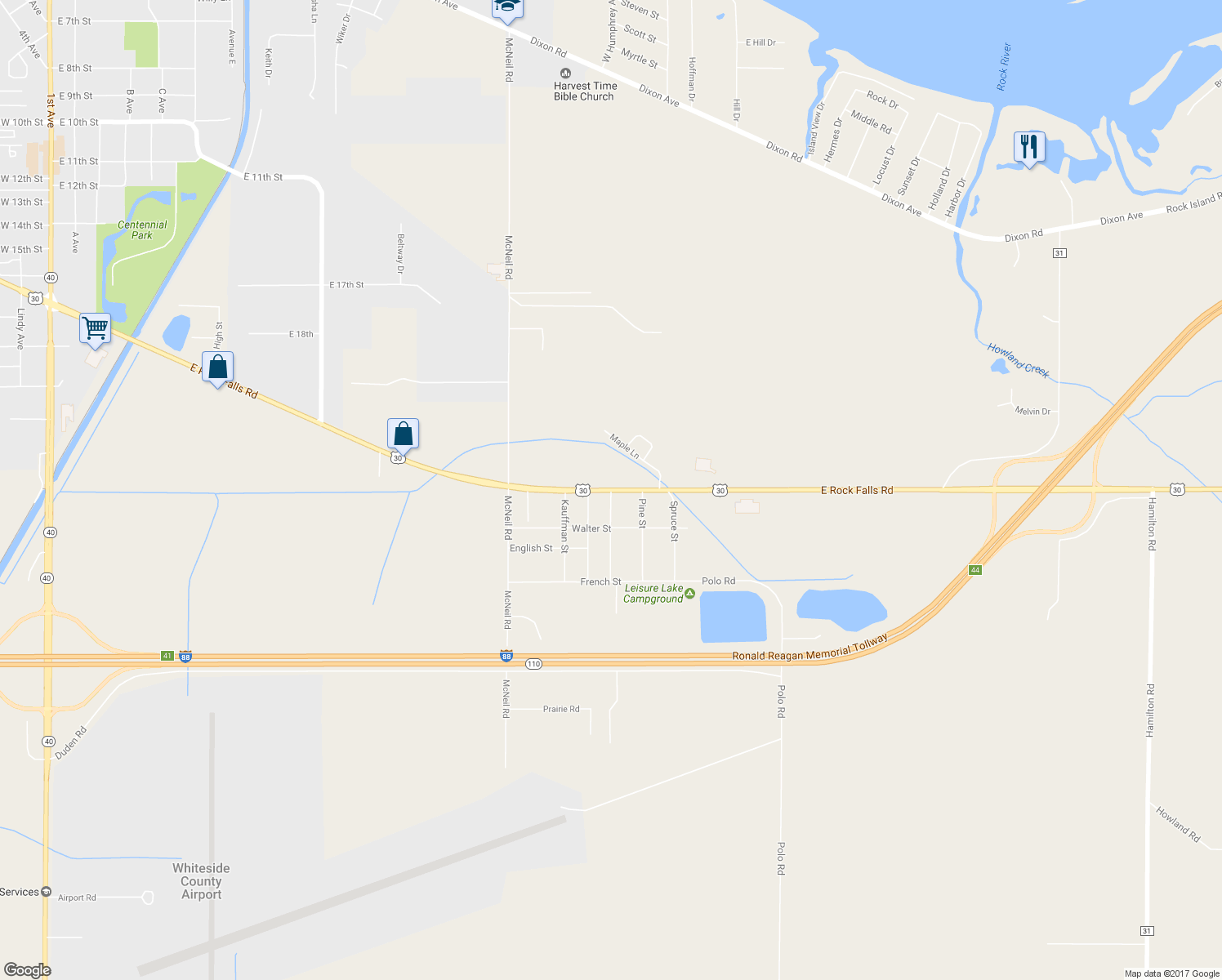 map of restaurants, bars, coffee shops, grocery stores, and more near East Rock Falls Road in Rock Falls