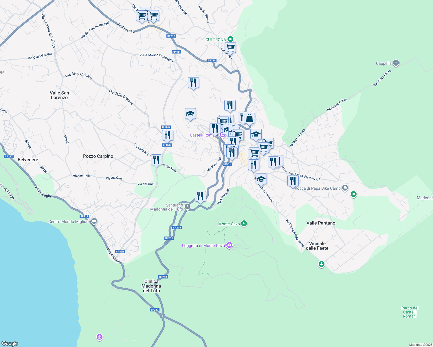 map of restaurants, bars, coffee shops, grocery stores, and more near 92 Via Roma in Rocca di Papa