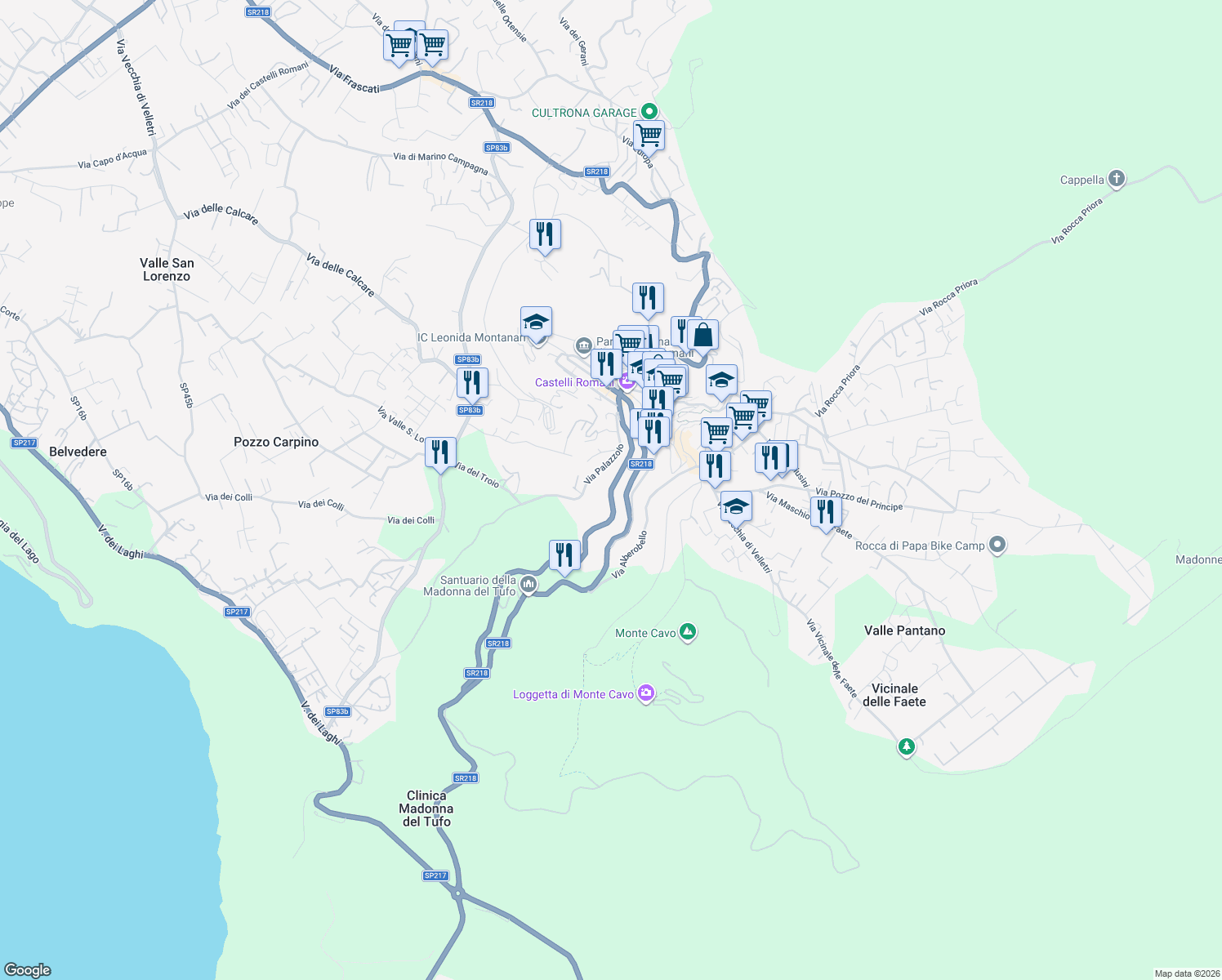 map of restaurants, bars, coffee shops, grocery stores, and more near 61 Via Roma in Rocca di Papa