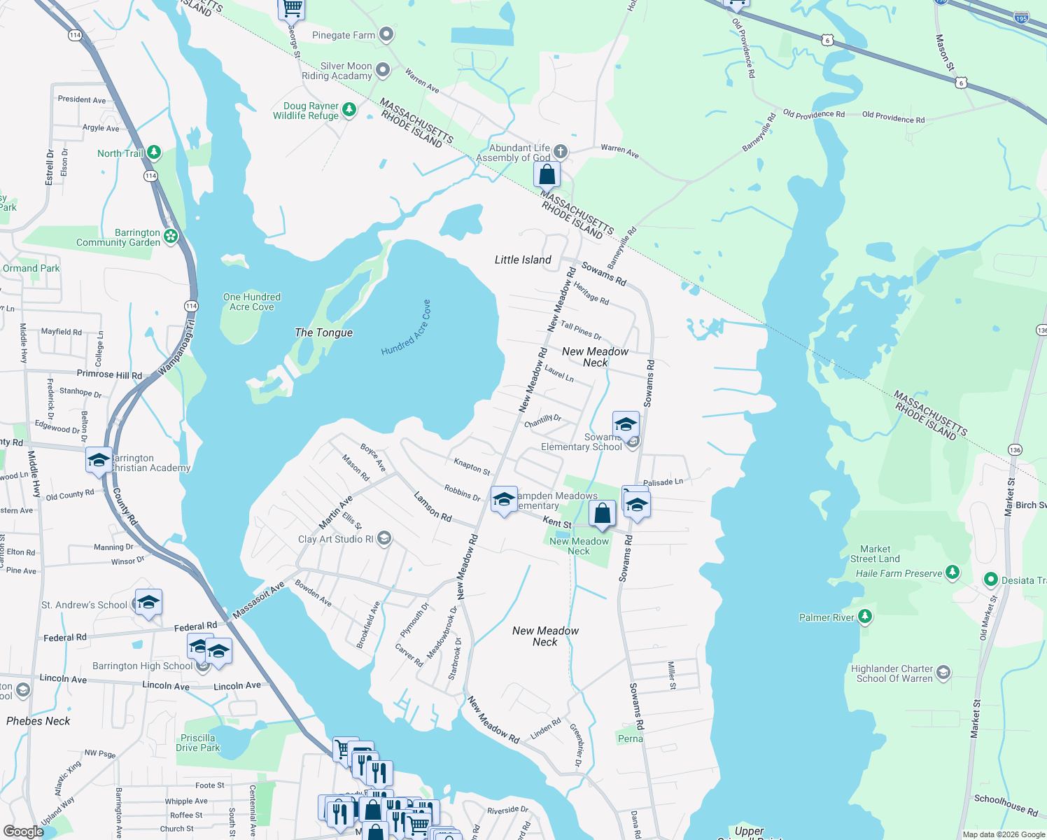 map of restaurants, bars, coffee shops, grocery stores, and more near 2 Chantilly Dr in Barrington