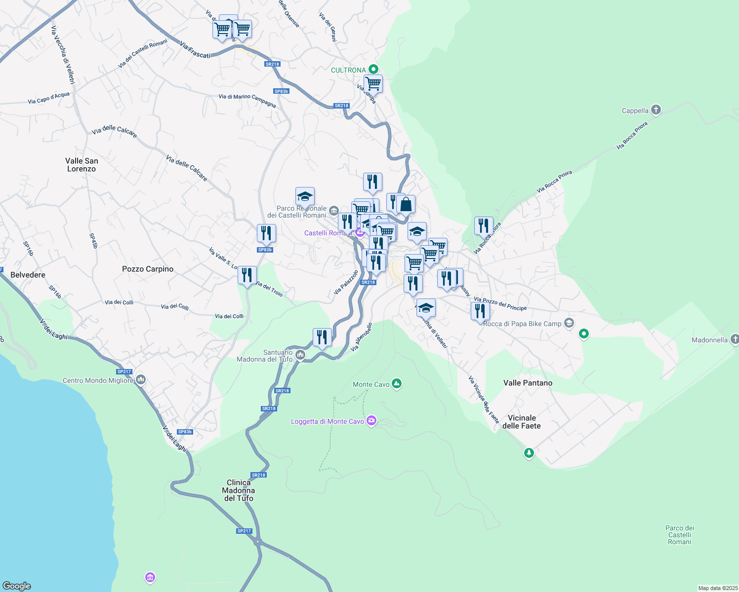 map of restaurants, bars, coffee shops, grocery stores, and more near 29 Viale Madonna del Tufo in Rocca di Papa