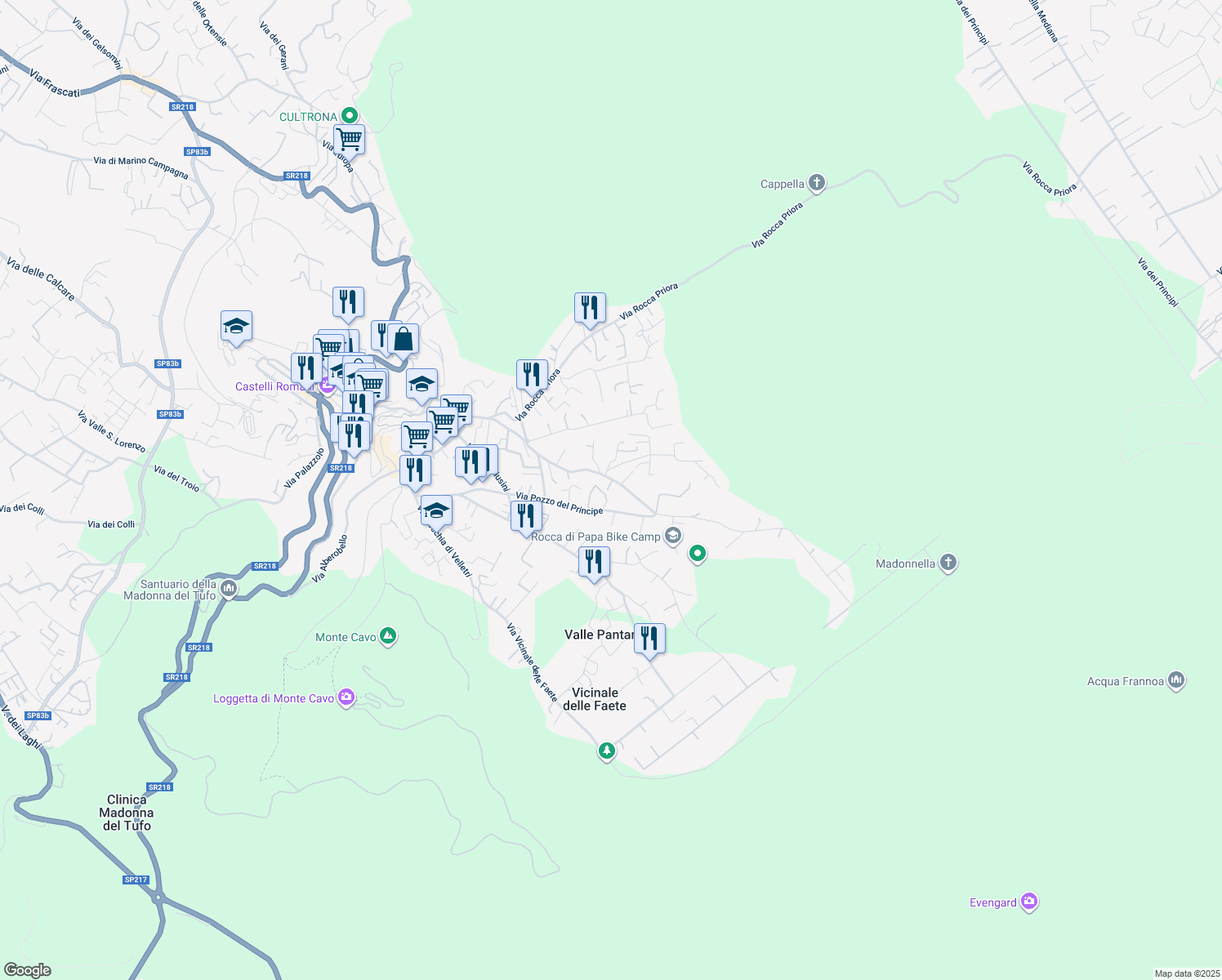 map of restaurants, bars, coffee shops, grocery stores, and more near 60 Via 4 Novembre in Rocca di Papa