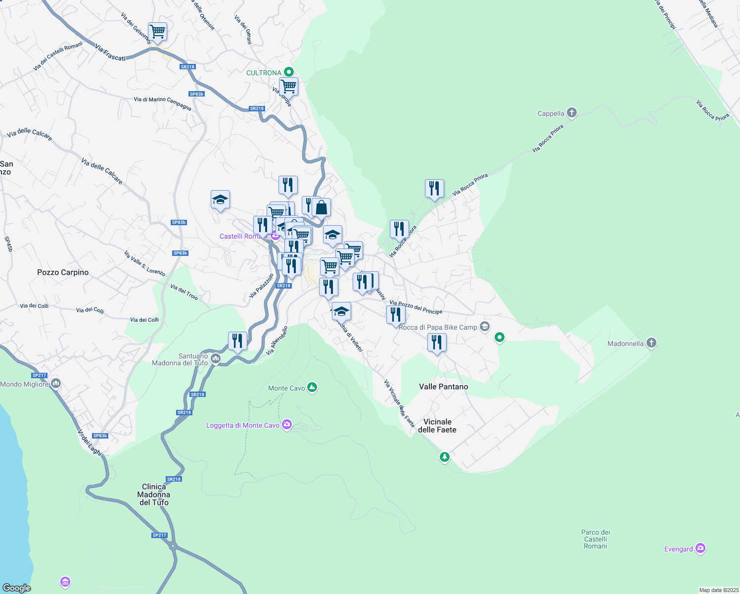 map of restaurants, bars, coffee shops, grocery stores, and more near 17 Via Pozzo del Principe in Rocca di Papa
