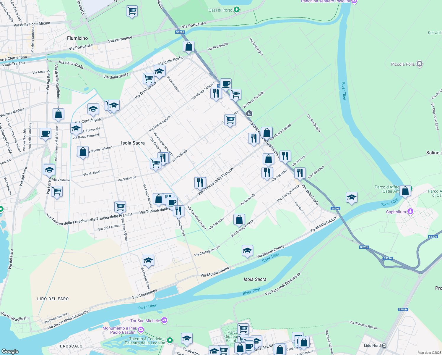 map of restaurants, bars, coffee shops, grocery stores, and more near 87 Via Trincea delle Frasche in Isola Sacra