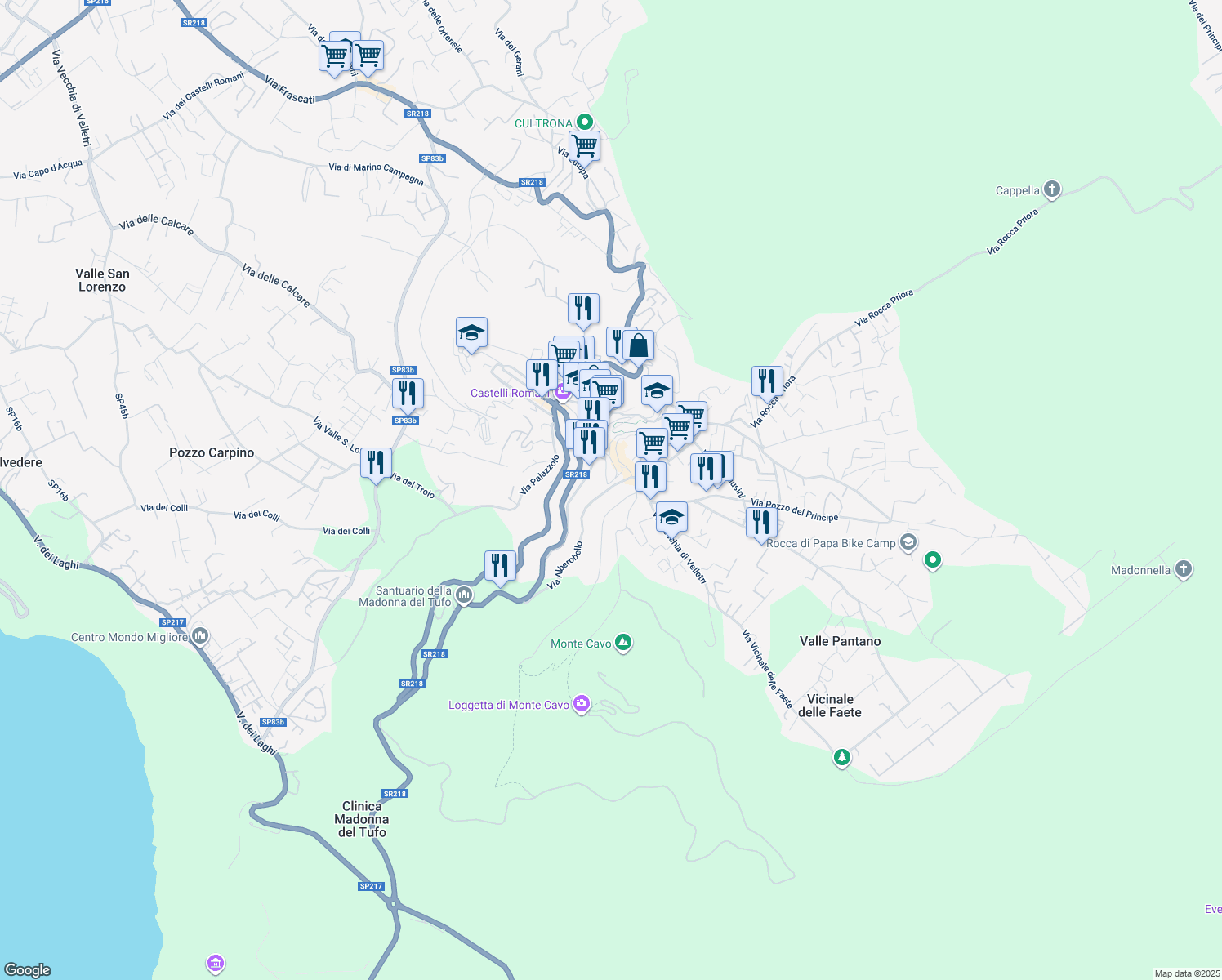 map of restaurants, bars, coffee shops, grocery stores, and more near 18 Via Alberobello in Rocca di Papa