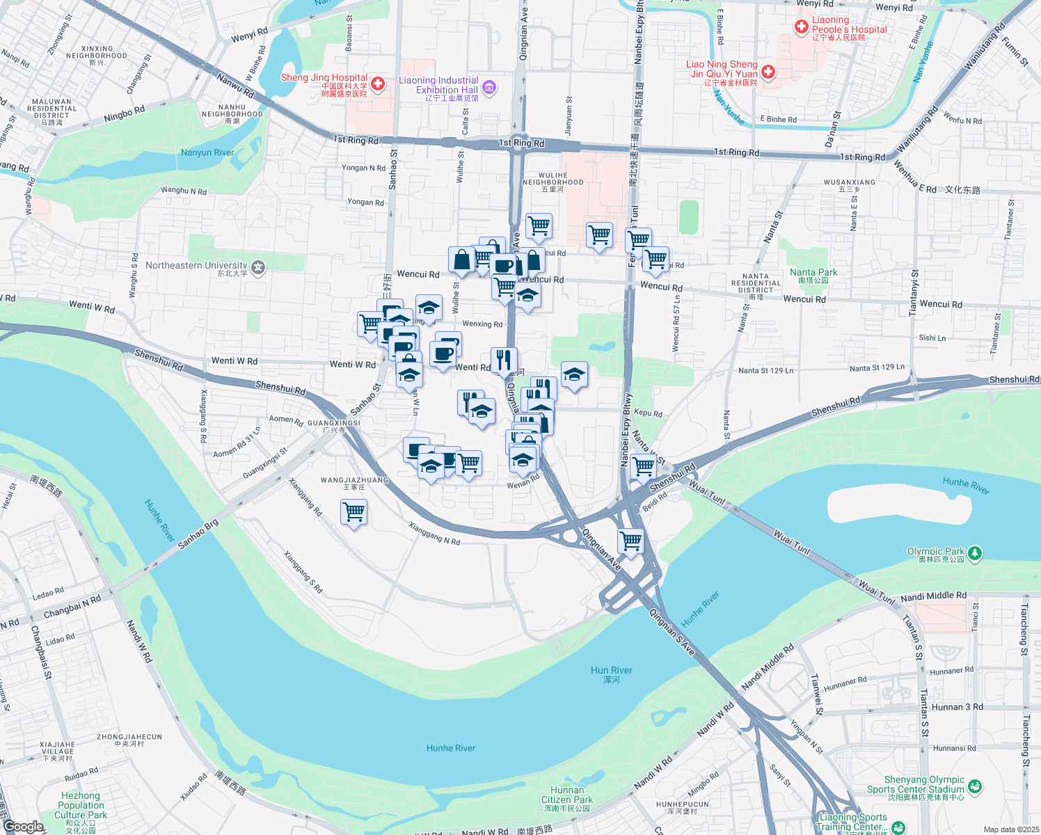 map of restaurants, bars, coffee shops, grocery stores, and more near 370 Qing Nian Da Jie in Shenyang Shi