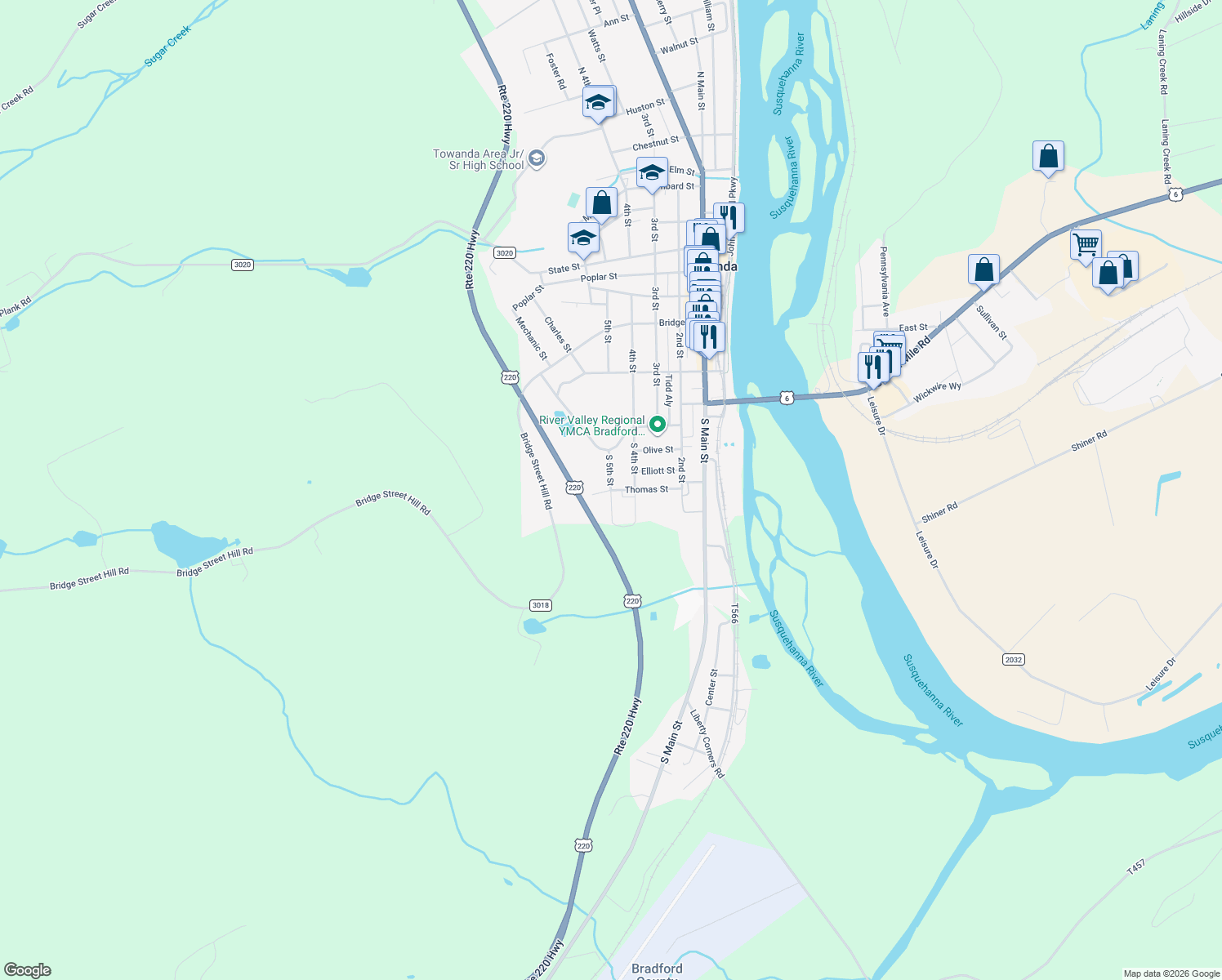 map of restaurants, bars, coffee shops, grocery stores, and more near 98 Thomas St in Towanda