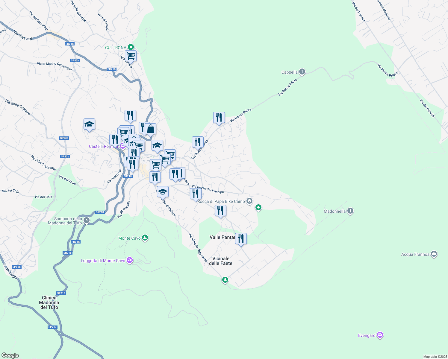 map of restaurants, bars, coffee shops, grocery stores, and more near 60 Via 4 Novembre in Rocca di Papa