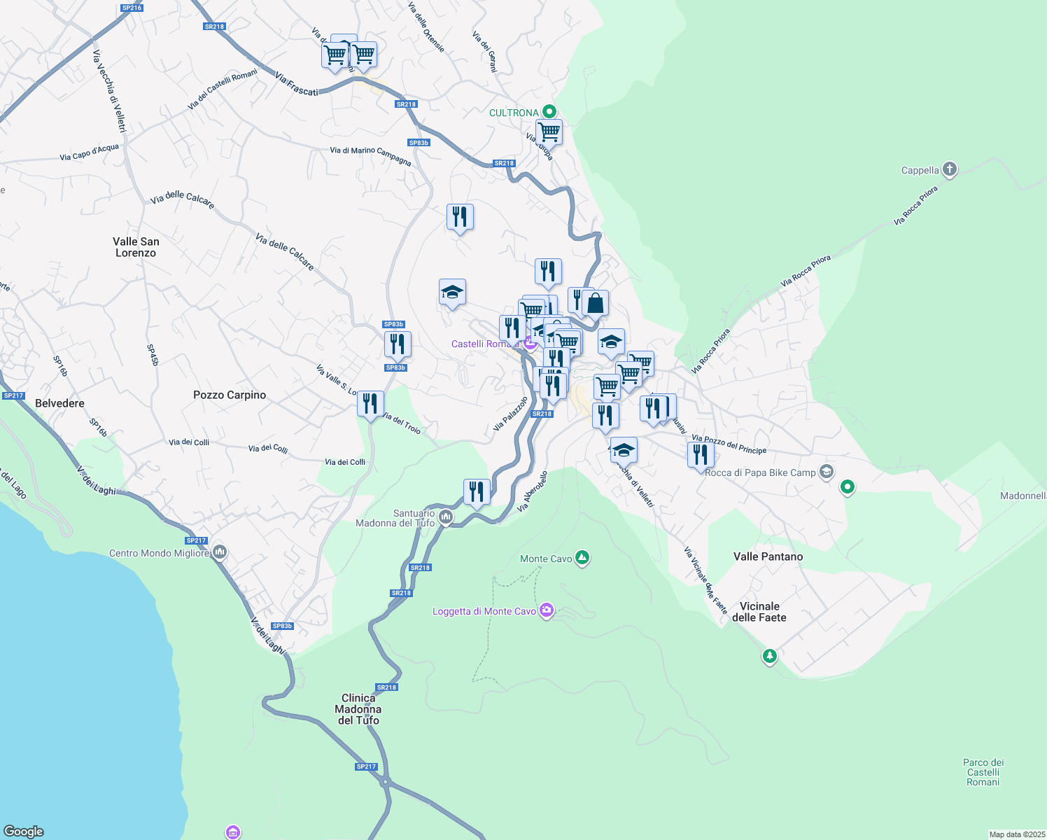 map of restaurants, bars, coffee shops, grocery stores, and more near 61 Via Roma in Rocca di Papa