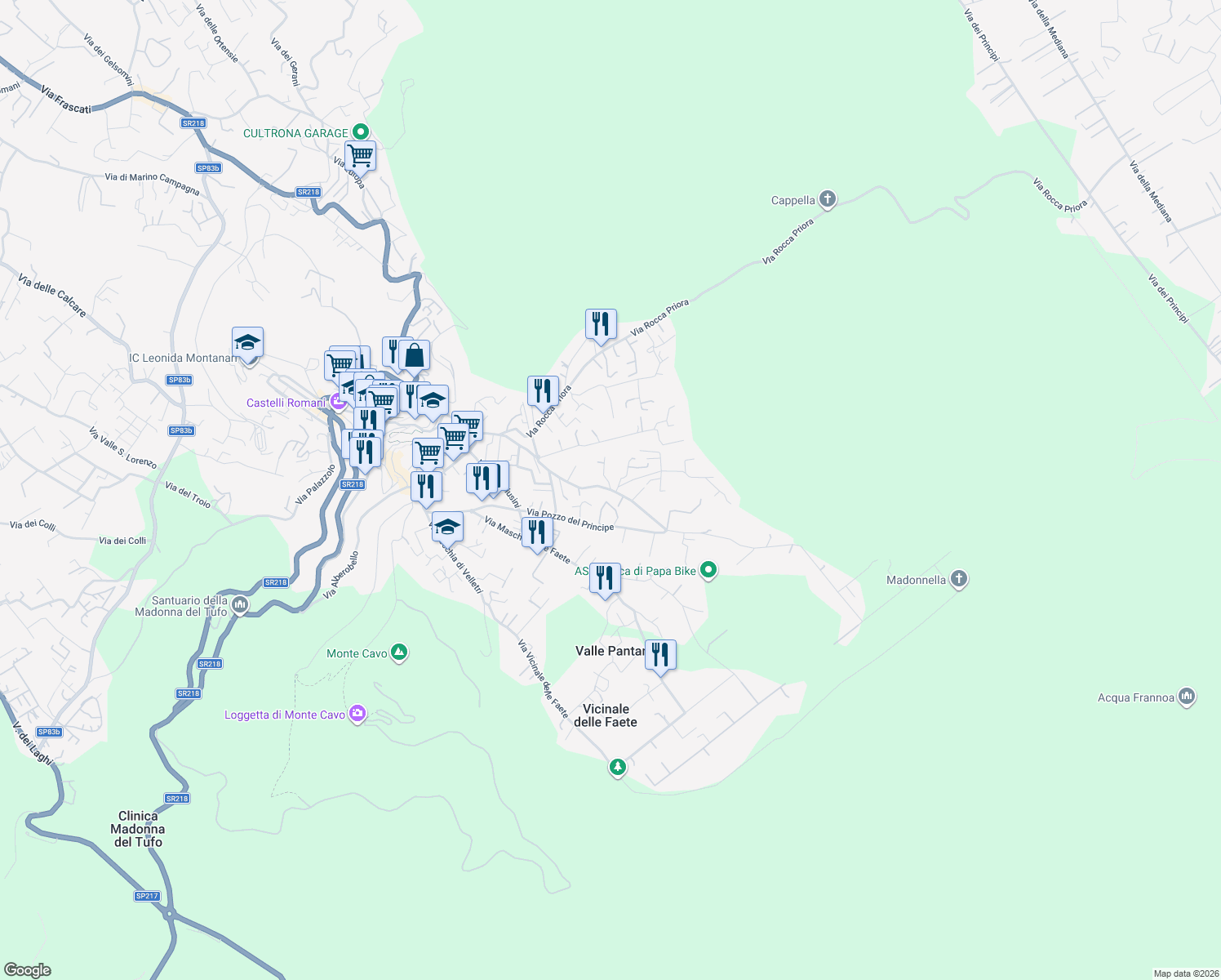 map of restaurants, bars, coffee shops, grocery stores, and more near 60 Via 4 Novembre in Rocca di Papa