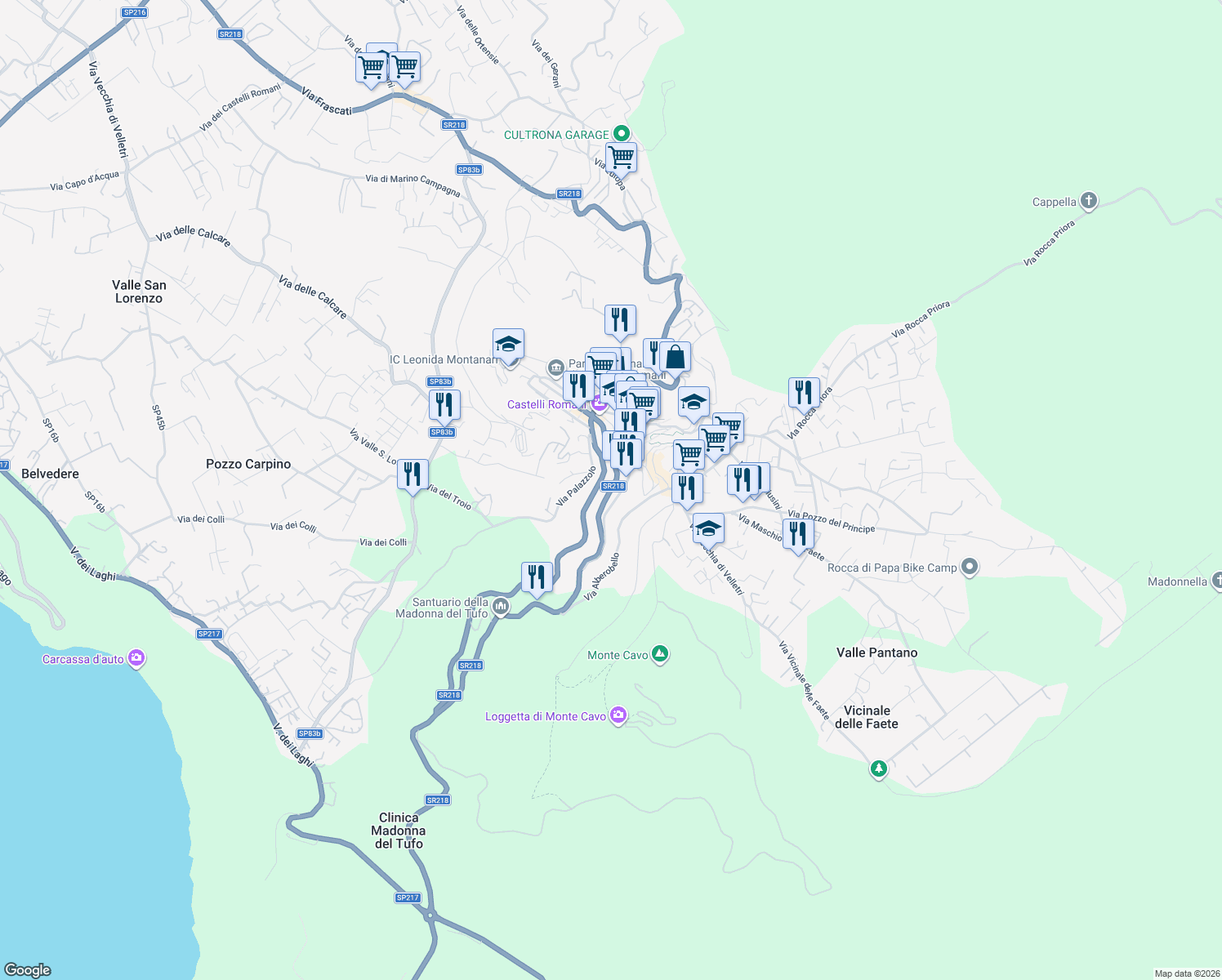 map of restaurants, bars, coffee shops, grocery stores, and more near 29 Viale Madonna del Tufo in Rocca di Papa