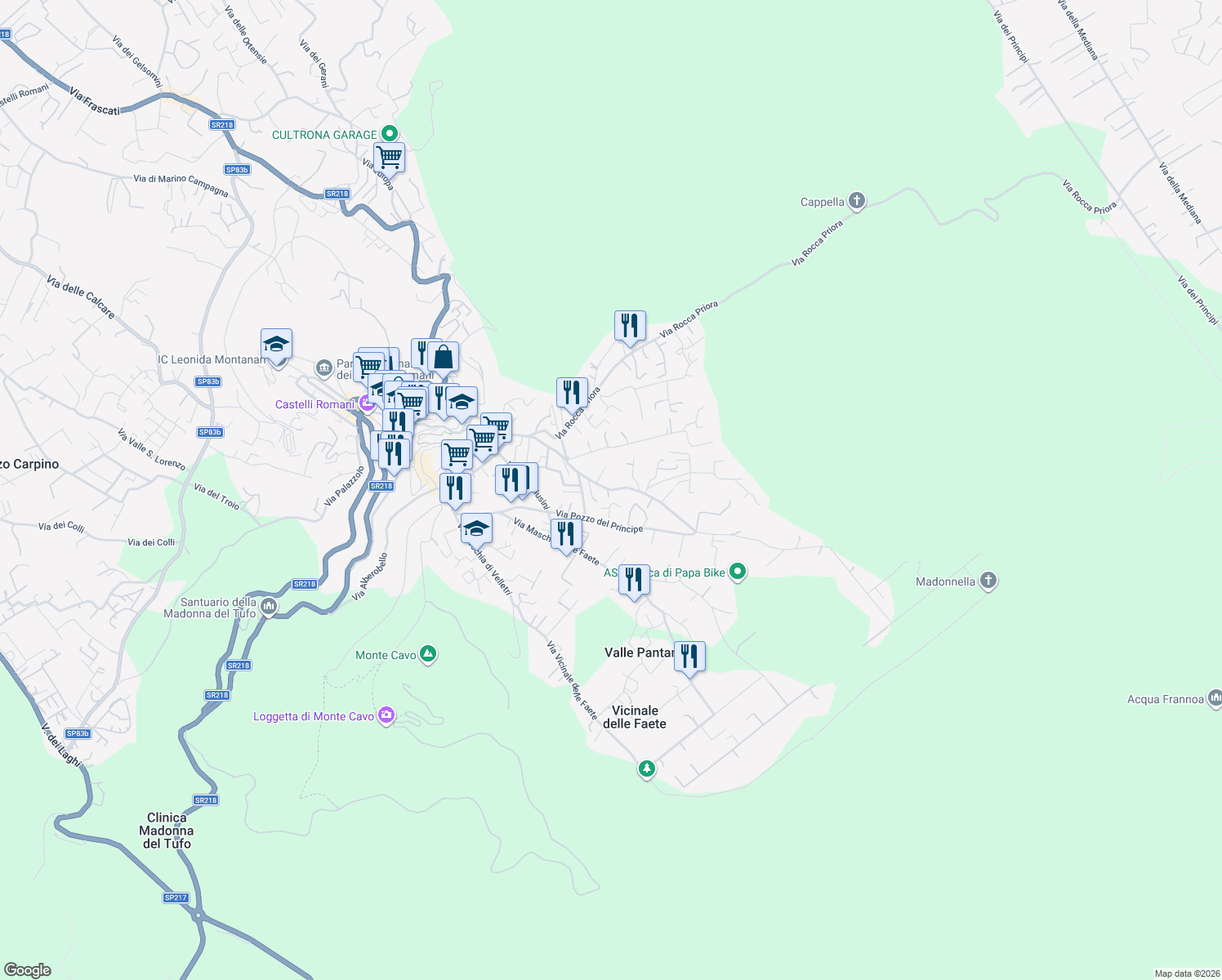 map of restaurants, bars, coffee shops, grocery stores, and more near 19 Via Rocca Priora in Rocca di Papa