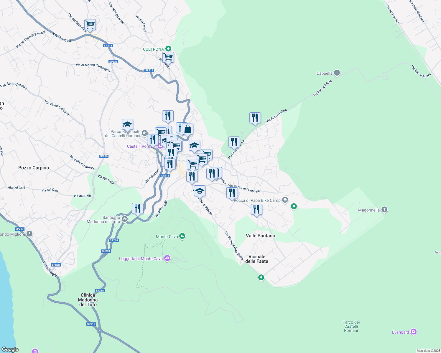 map of restaurants, bars, coffee shops, grocery stores, and more near 15-17 Via Pozzo del Principe in Rocca di Papa