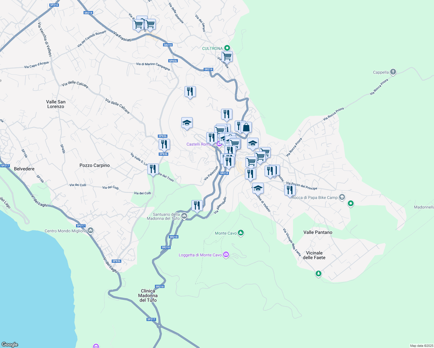 map of restaurants, bars, coffee shops, grocery stores, and more near 61 Via Roma in Rocca di Papa
