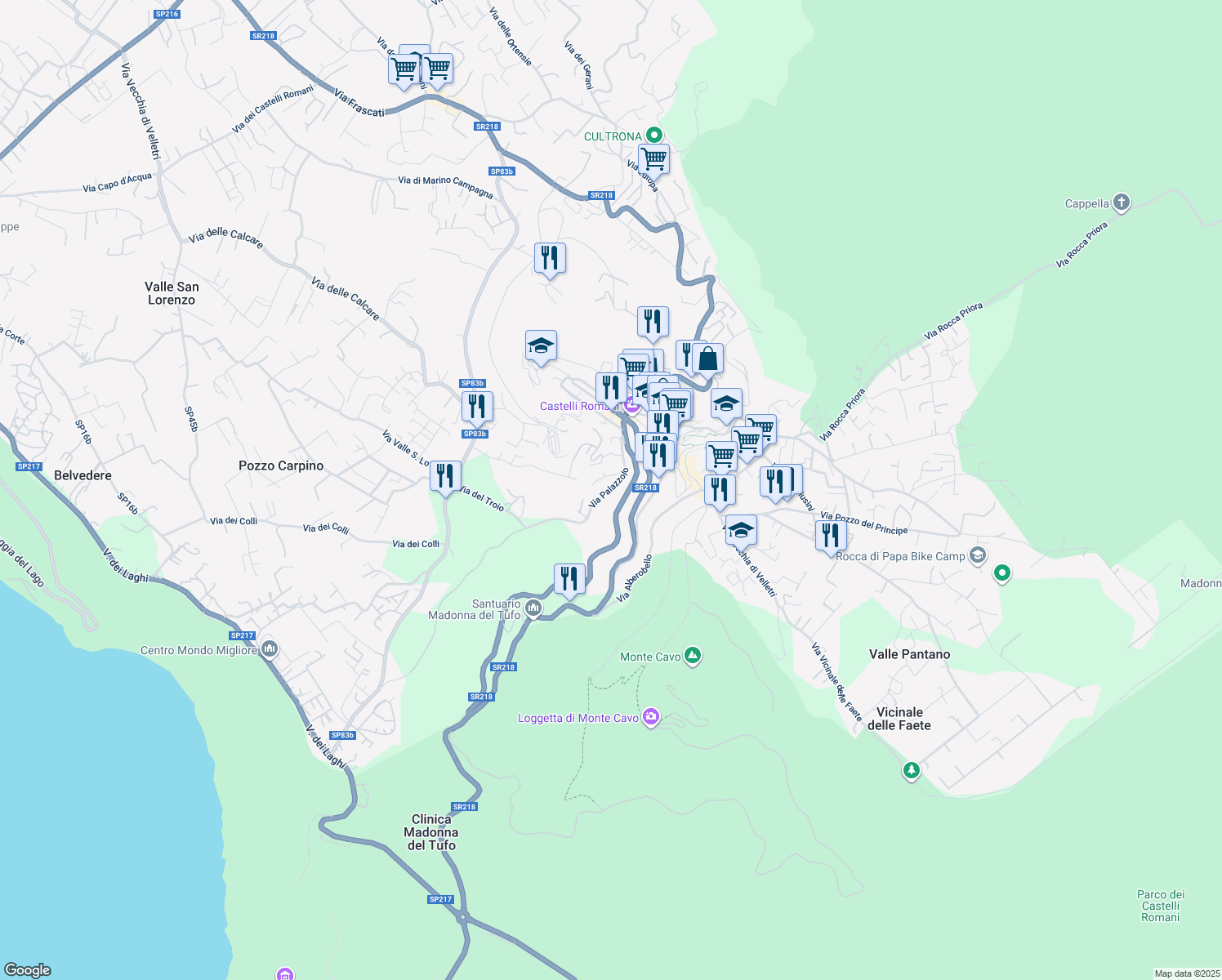 map of restaurants, bars, coffee shops, grocery stores, and more near 61 Via Roma in Rocca di Papa