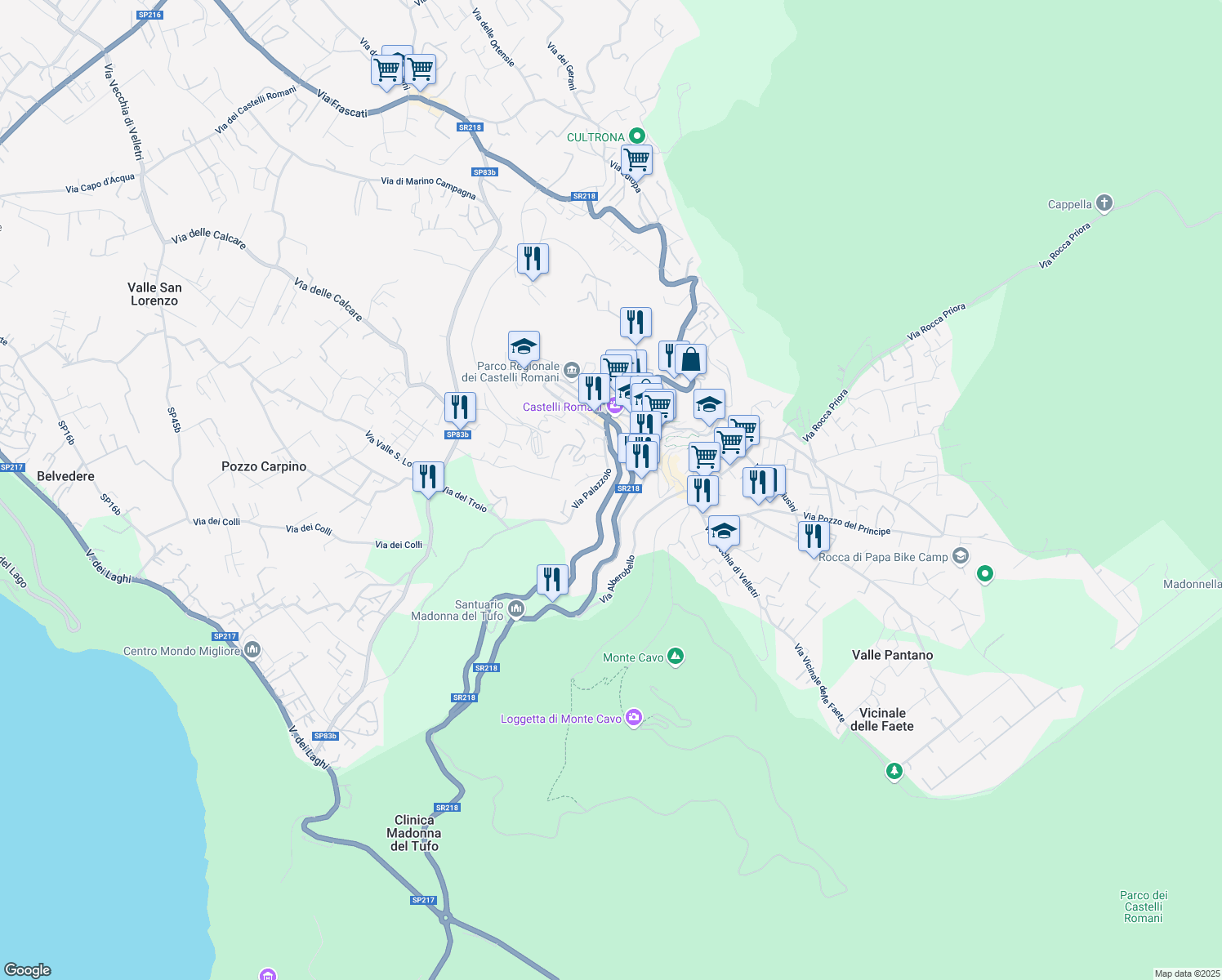 map of restaurants, bars, coffee shops, grocery stores, and more near 61 Via Roma in Rocca di Papa