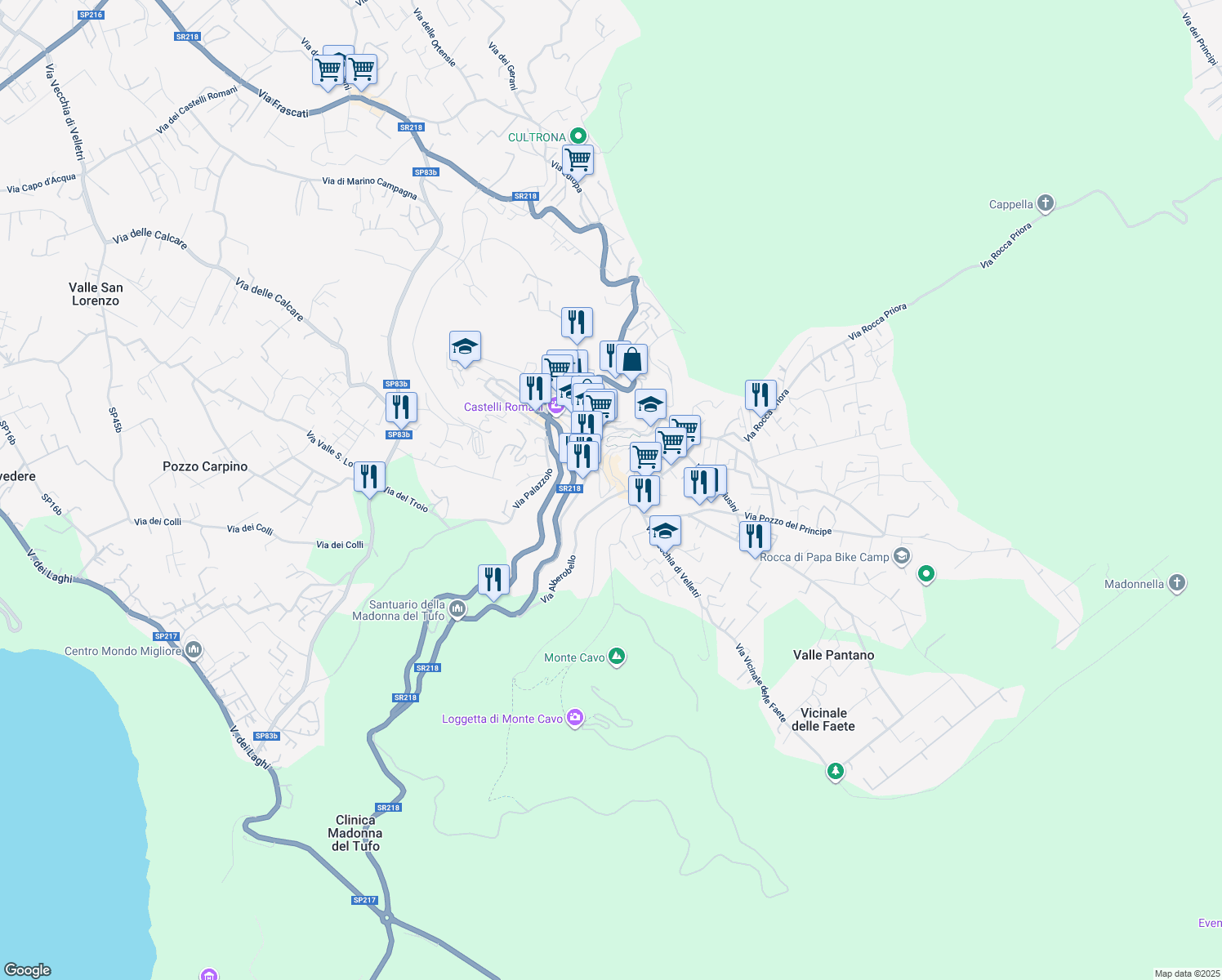 map of restaurants, bars, coffee shops, grocery stores, and more near 18 Via Alberobello in Rocca di Papa