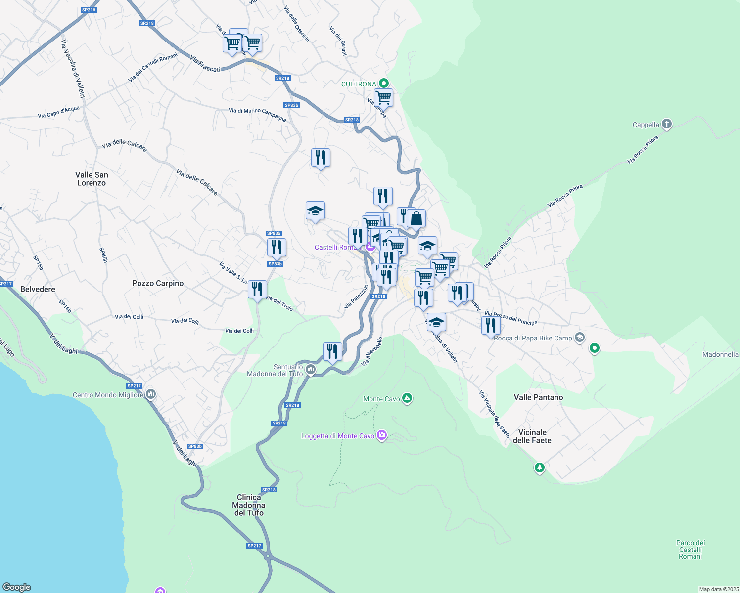 map of restaurants, bars, coffee shops, grocery stores, and more near 61 Via Roma in Rocca di Papa