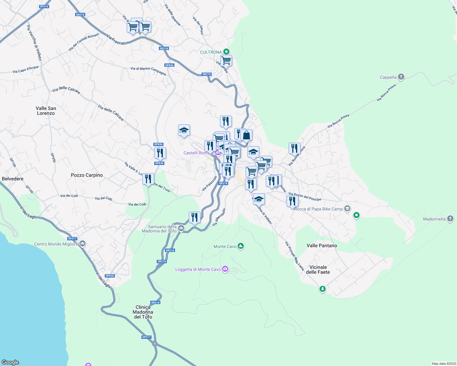 map of restaurants, bars, coffee shops, grocery stores, and more near 29 Viale Madonna del Tufo in Rocca di Papa