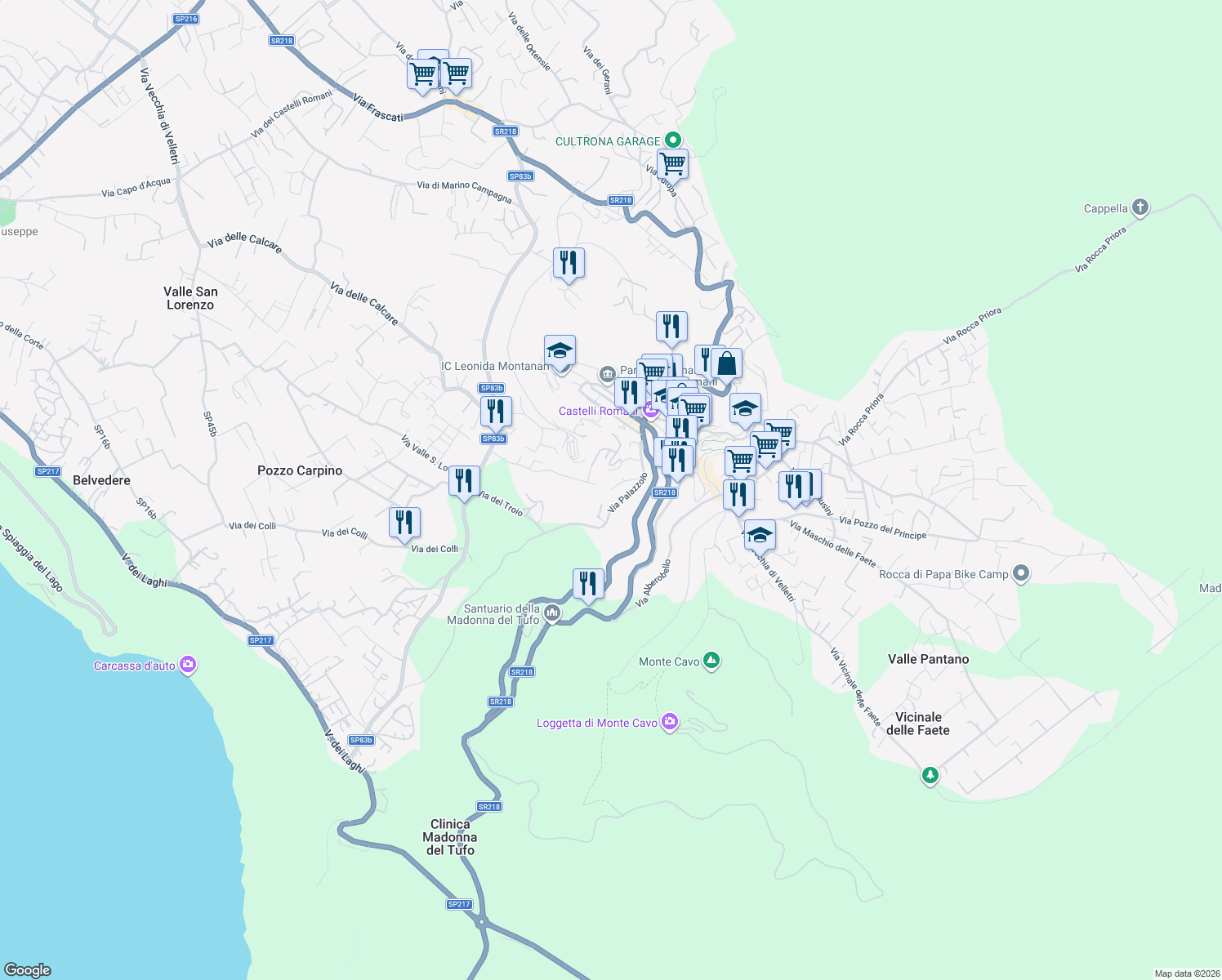 map of restaurants, bars, coffee shops, grocery stores, and more near 61 Via Borgo Valle Vergine in Rocca di Papa