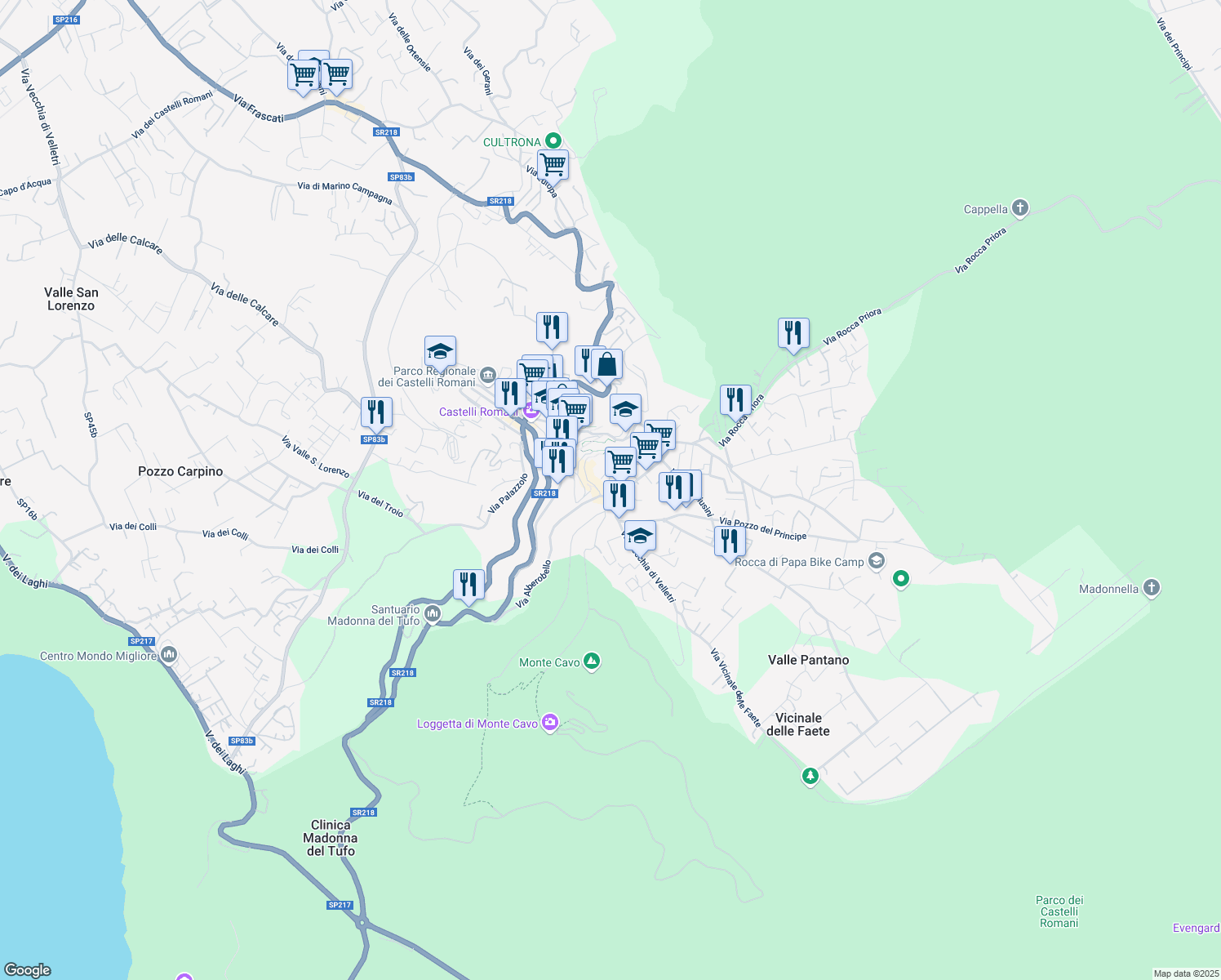 map of restaurants, bars, coffee shops, grocery stores, and more near 40 Via dell'Osservatorio in Rocca di Papa