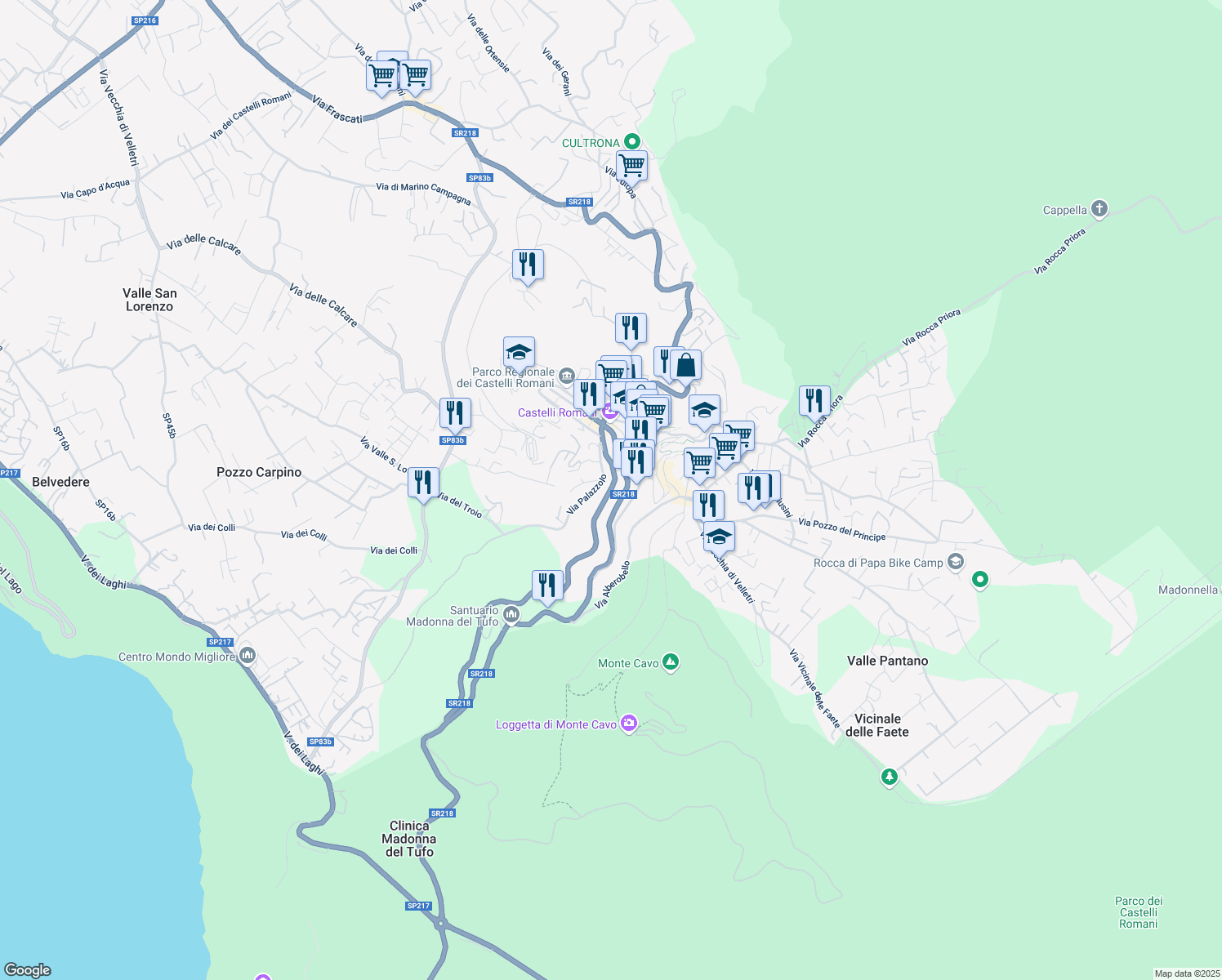 map of restaurants, bars, coffee shops, grocery stores, and more near 61 Via Roma in Rocca di Papa