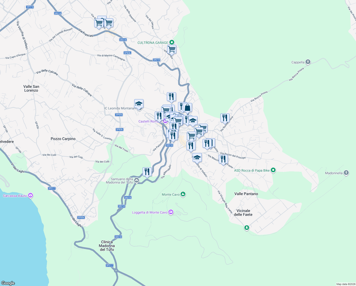 map of restaurants, bars, coffee shops, grocery stores, and more near 40 Via dell'Osservatorio in Rocca di Papa